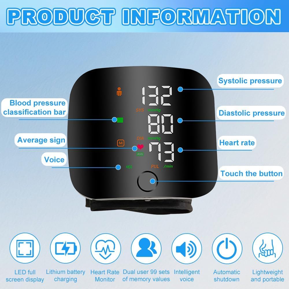 Blutdruckmessgerät Handgelenk, Handgelenk Blutdruckmessgerät mit deutscher Aussprache, Automatisches Blutdruckmessgerät mit 99x2 Lesespeicher & LED-Touchscreen, uhr – Bild 3