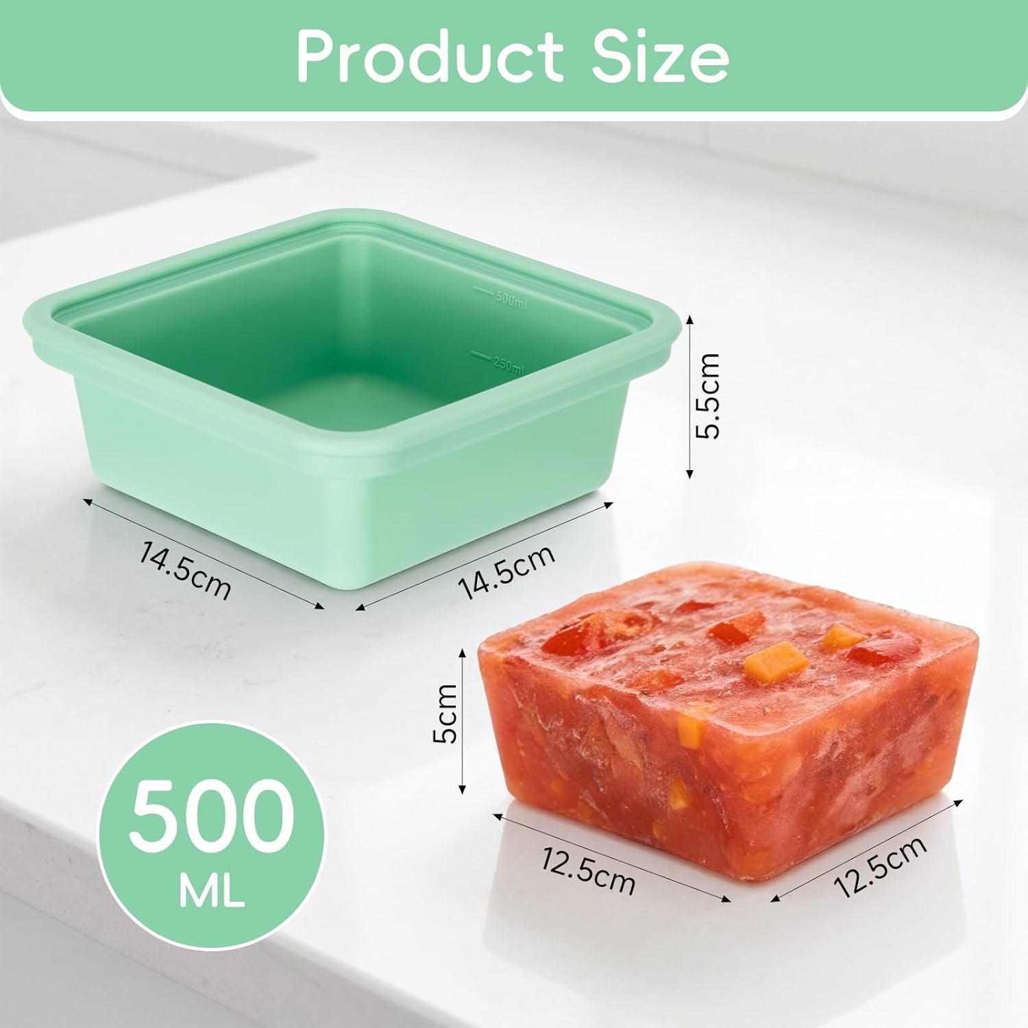 4 Stück extra große Silikon-Gefriertabletts, 2 Tassen Suppen-Gefrierschrank-Eiswürfelschalen mit Deckel, BPA-freie Lebensmittel, Suppen-Gefrierbehälter, stapelbar für Brühe, Soße, Eis, Essenszubereitung (500 ml) – Bild 2