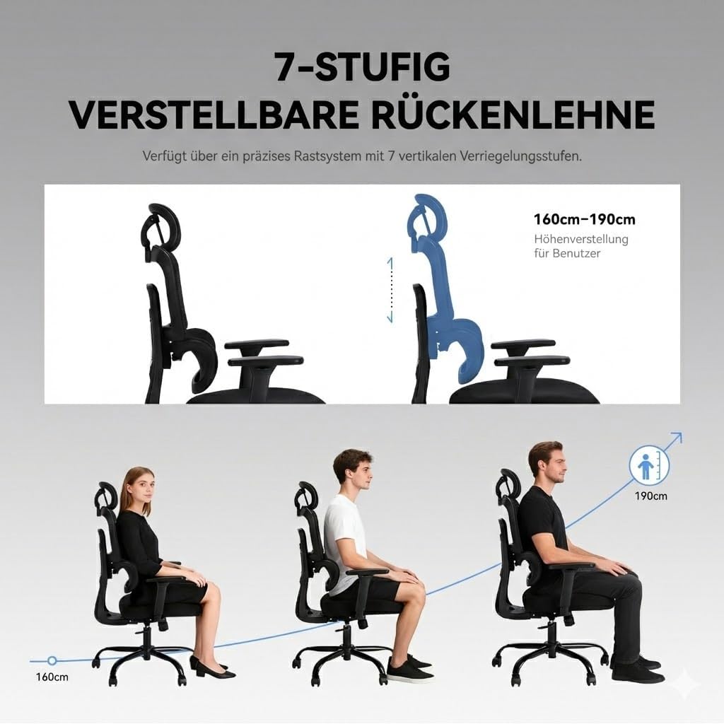 MUSSO E600AIR Ergonomischer Bürostuhl, Heimbürostuhl mit hoher Rückenlehne und adaptiver Lendenwirbelstütze, 5D-verstellbare Rückenlehne, 135°-Neigung, 3D-Kopfstütze und Armlehnen, Netz-Computerstuhl – Bild 3