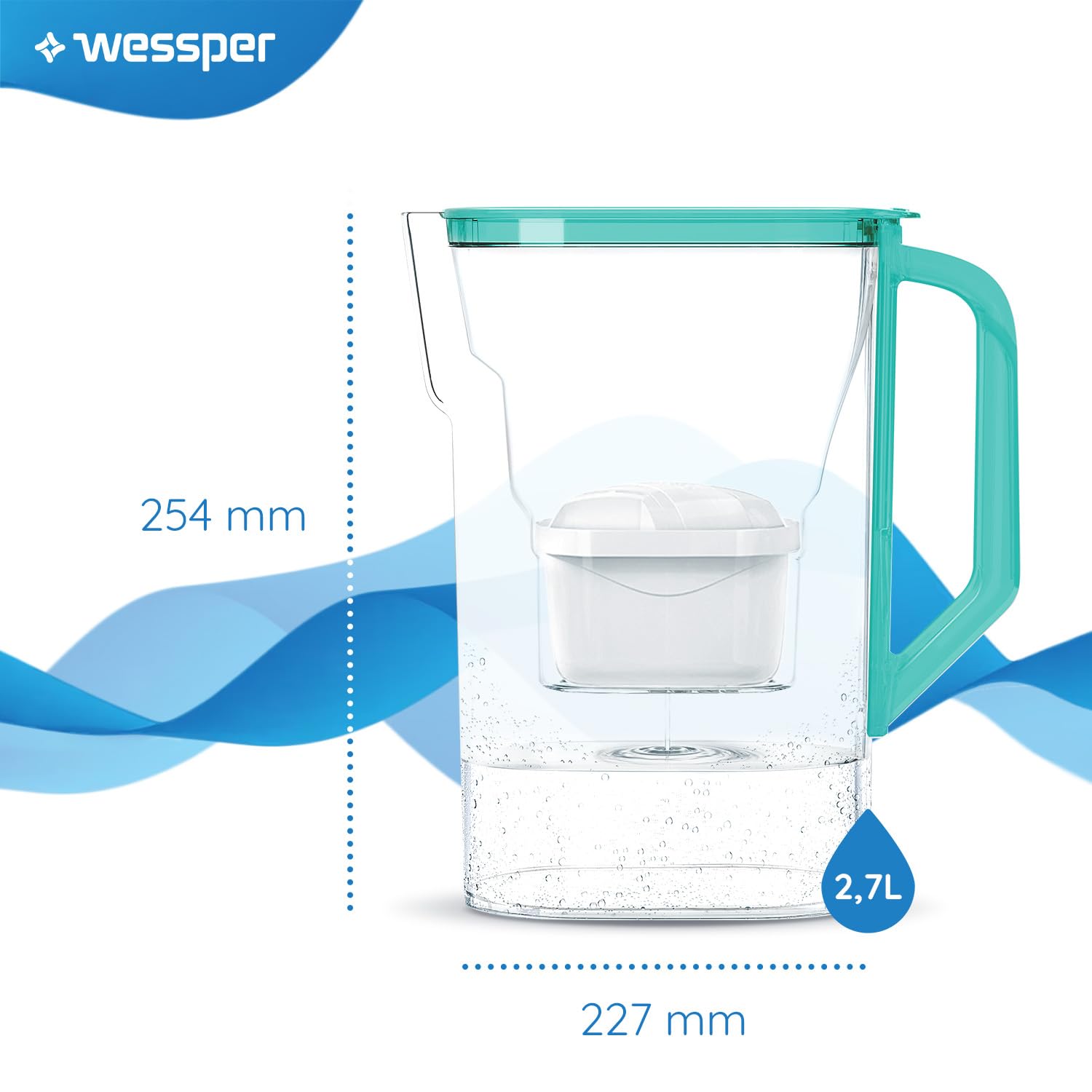 Wessper Wasserfilterkanne 2,7 l – kompatibel mit Brita Maxtra Filterkartusche – inklusive 1 Filterkartusche – reduziert Kalkablagerungen – ideal für Kühlschranktür – Mint – Bild 2