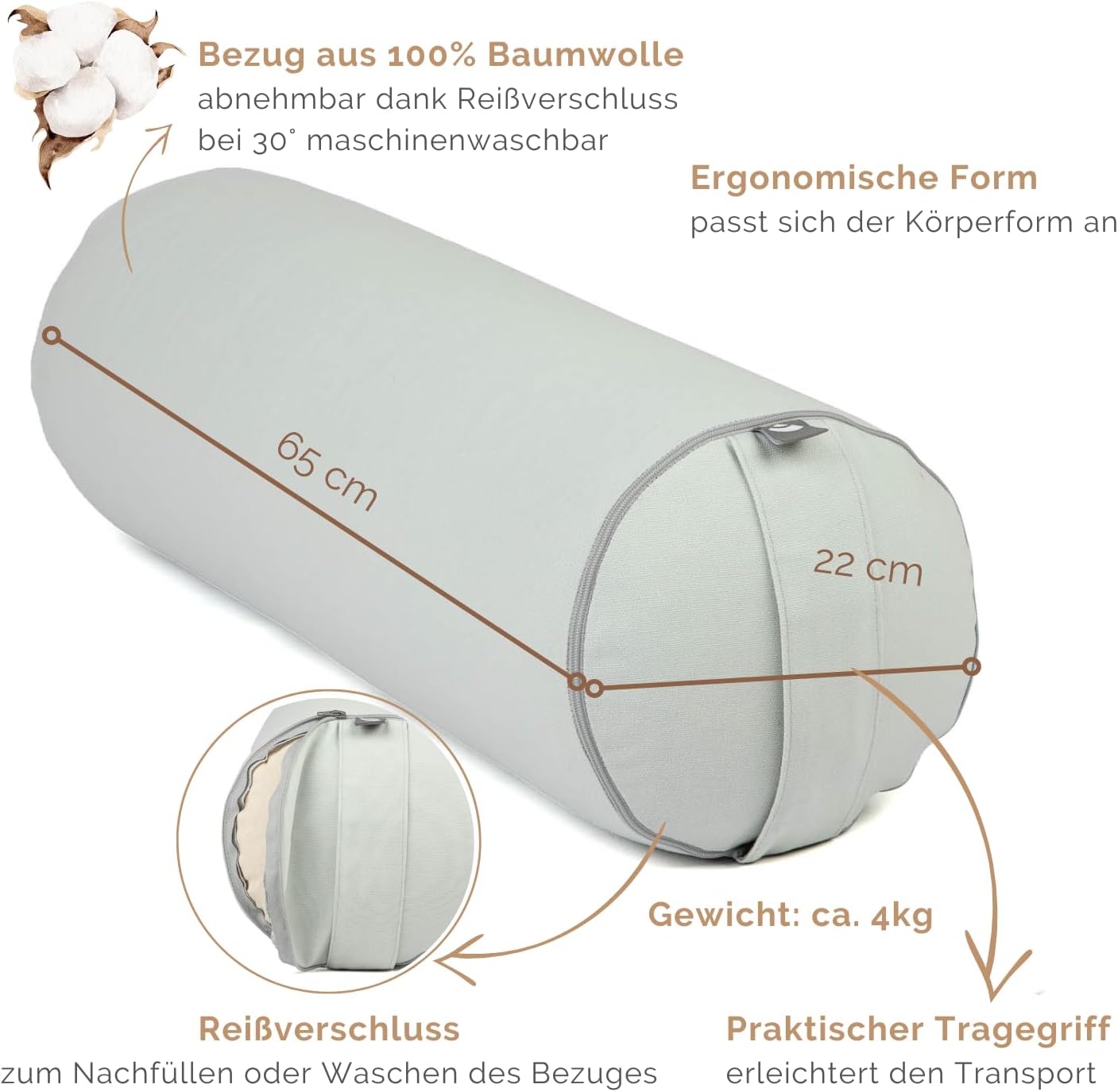 Bodhi Yoga Bolster Rolle Durchmesser 22 cm | Yogarolle mit Bio-Dinkelfüllung | Yogakissen für restauratives und Yin-Yoga | Waschbarer Bezug aus Baumwolle | Pilateskissen mit Tragegurt – Bild 3
