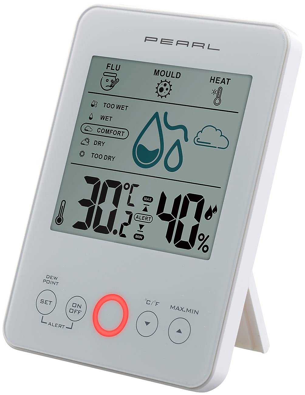 PEARL Digitales Hydrometer: Digitales Hygro-/Thermometer mit Schimmelalarm und Komfortanzeige, weiß (Hygrometer mit Schimmelalarm, Luftfeuchtigkeitsmesser, Auto)