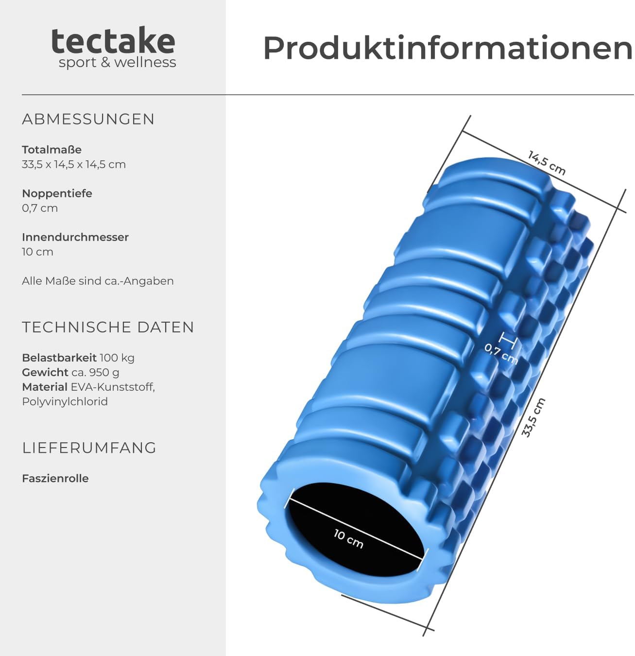 TecTake Schaumstoffrolle für Tiefengewebsmuskulatur und myofasziale Massage | Für Fitness, Yoga und Pilates – verschiedene Farben – (Blau | Nr. 402843) – Bild 6