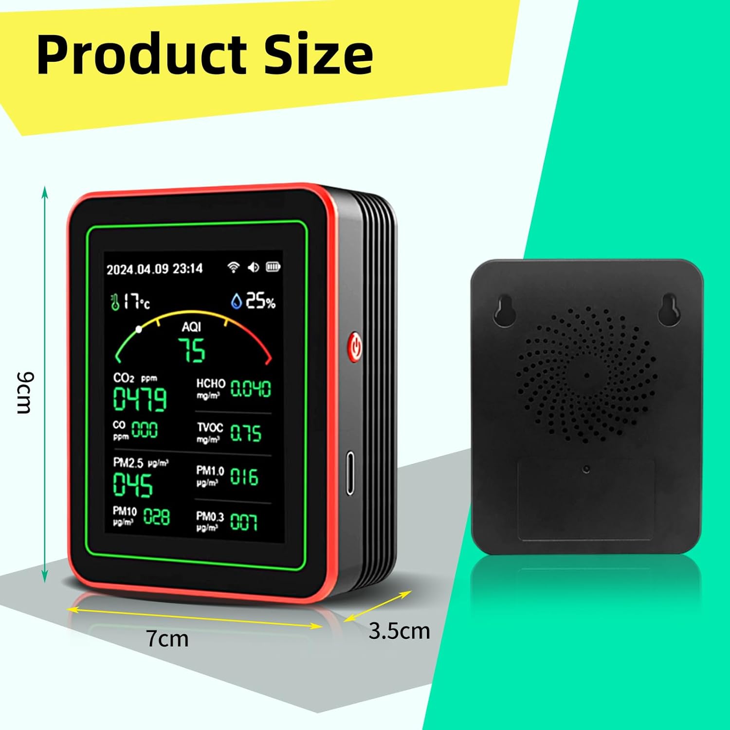 Raumluftqualitätsmonitor, 15-in-1-WLAN-Smart-Luftqualitätsmonitor mit App-Steuerung, erkennt PM2,5, PM10, PM0,3, PM1,0, CO2, CO, TVOC, HCHO, Temperatur, Luftfeuchtigkeit für Zuhause – Bild 2