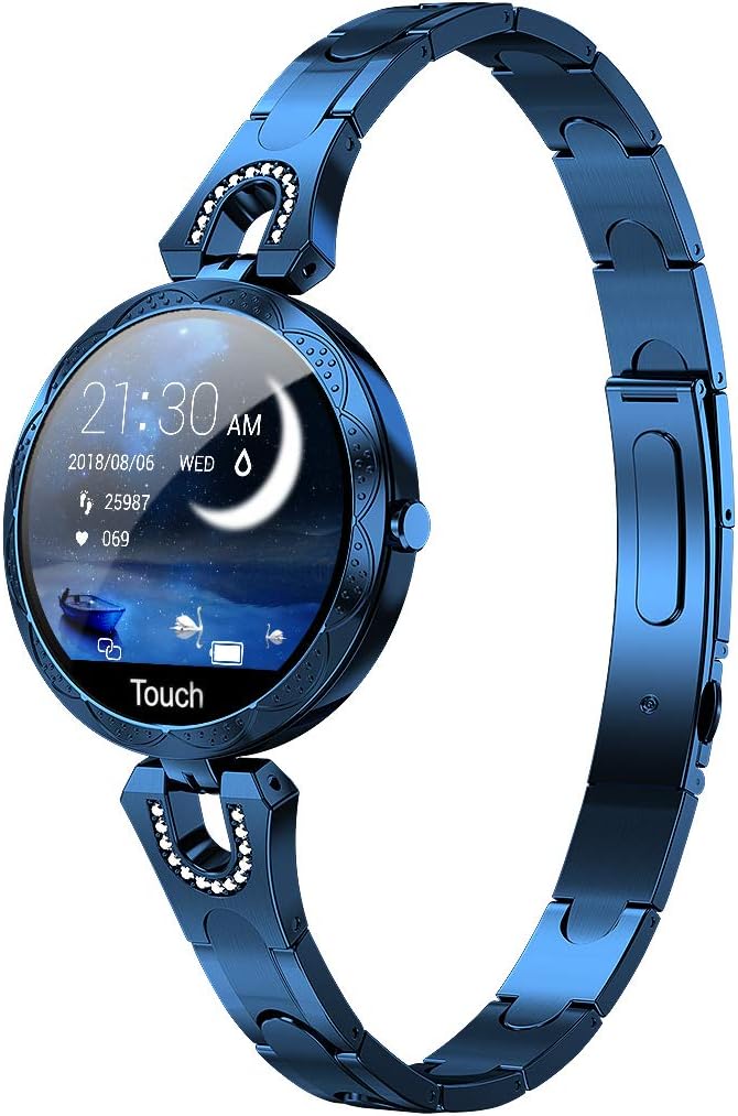 Smartwatch für Damen, Bluetooth-Smartwatch kompatibel für iOS, Android, iPhone, Samsung, Fitness-Tracker mit Herzfrequenz, Blutdruck, wasserdicht, Schrittzähler, Schlafaktivität (blau)