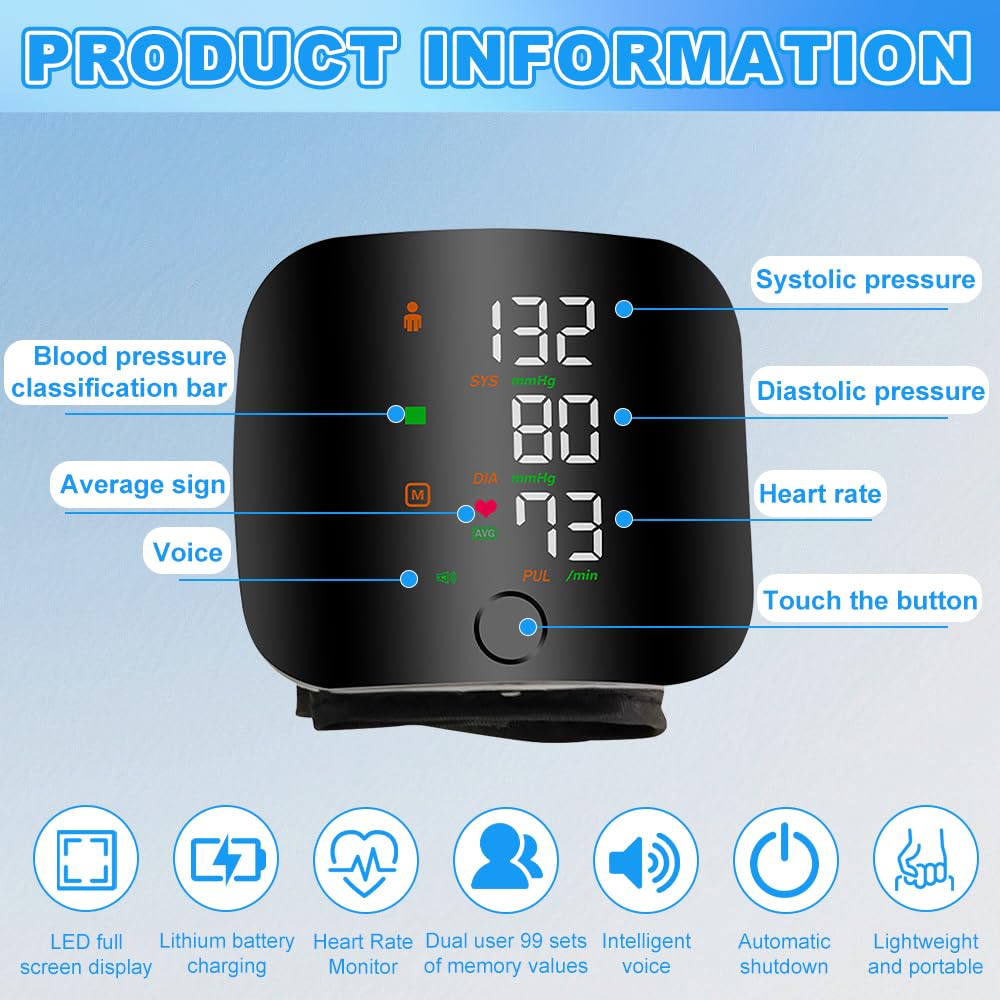 Handgelenk-Blutdruckmessgerät mit LED-Touchscreen, automatisches Blutdruckmessgerät mit 99 x 2 Lesespeicher, automatische Sprachausgabe, wiederaufladbar – Bild 3