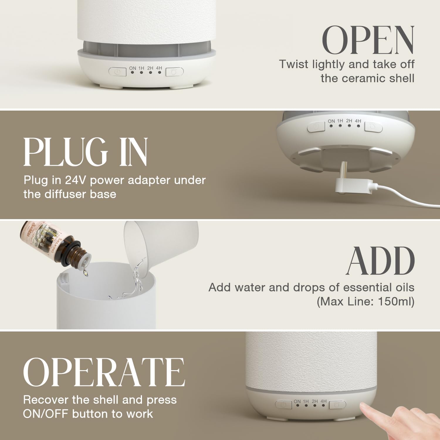 SALKING Aroma-Diffusor, Keramik-Diffusor für ätherische Öle – Duftöl-Duftdiffusor, Ultraschall, BPA-frei, mit einstellbarem Nebelmodus, automatische Abschaltung, leise, für Zuhause, Büro, Yoga, 200 ml, Weiß – Bild 8
