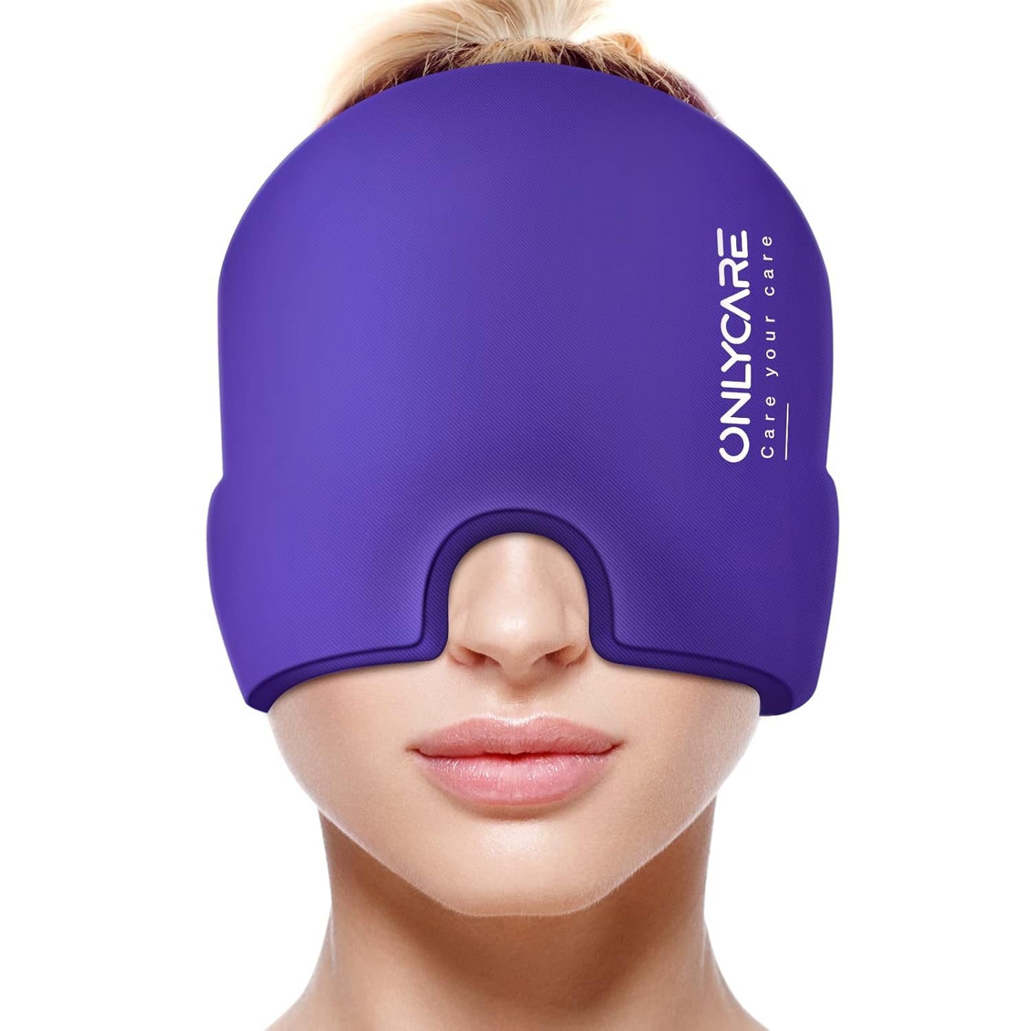 ONLYCARE Migränemaske, verbesserte Kühlmaske, Schlafmaske, Kühlkappe, Kühlhaube, 360°-Gel-Surround-Kühlpads zur Linderung von Migräne, Kopfschmerzen, Stress (lila)