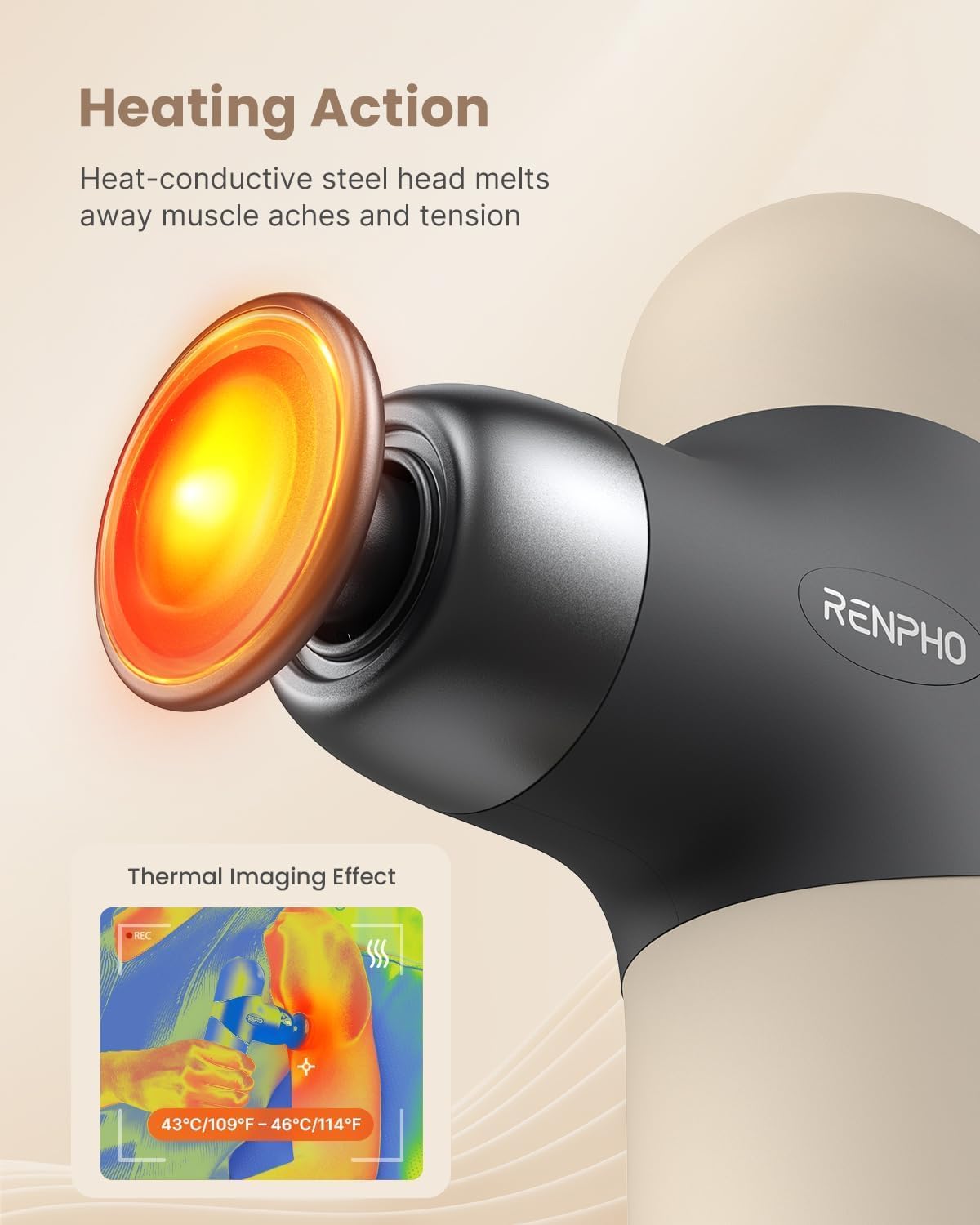 RENPHO Mini-Thermo-Massagepistole mit Wärmefunktion, Mini-Massagepistole, tragbares modisches Percussion-Massagegerät, mit farbigen Silikonhüllen, Reisegröße mit Tragetasche, für Muskelmassage, Beige – Bild 4