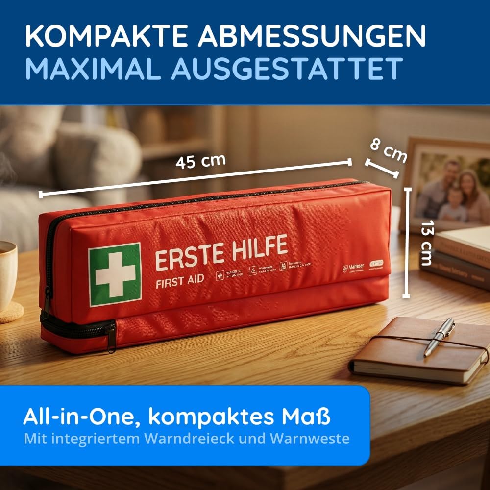 Auto-Verbandstasche inklusive Warndreieck und Warnweste nach aktueller DIN 13164:2022 | Gültig für 2026 | Erste-Hilfe-Set für Auto/Auto/Motorrad | Rot – Bild 4
