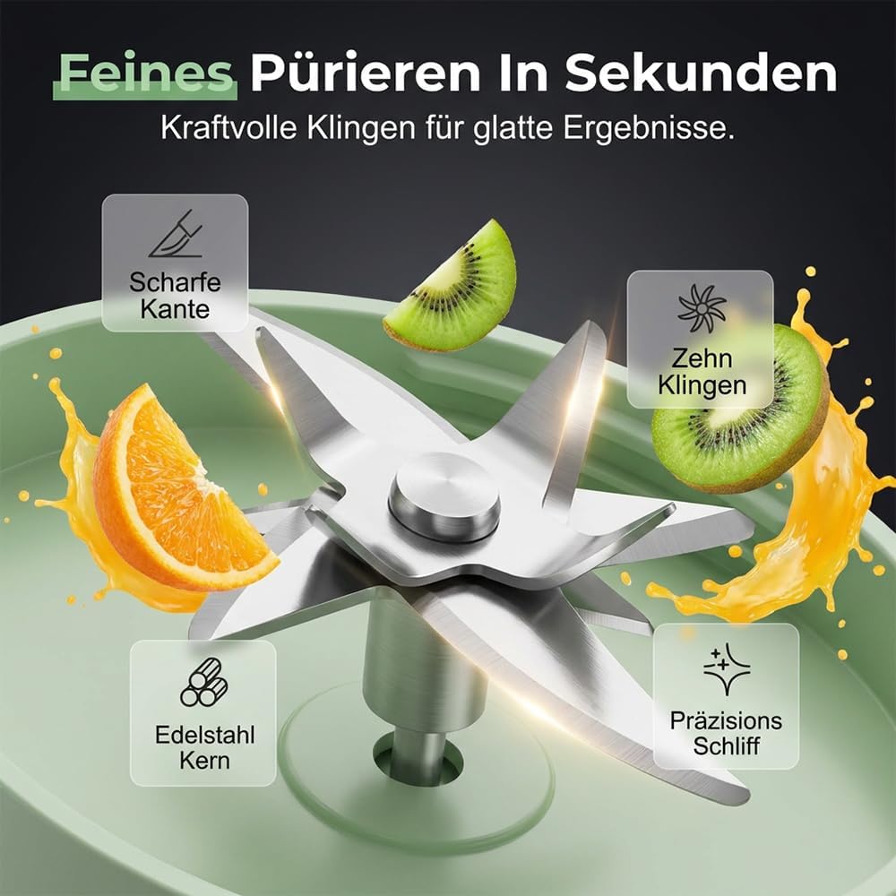 Tragbarer Mixer, 500 ml Fresh Juice Mixer Flasche, Smoothie Maker mit 10 Klingen, Smoothie Maker to Go, Kabellos USB Wiederaufladbarer Mini-Mixer, für Reise Büro Sport Fitness Küche (Doppeldeckel 1 Stück) – Bild 5