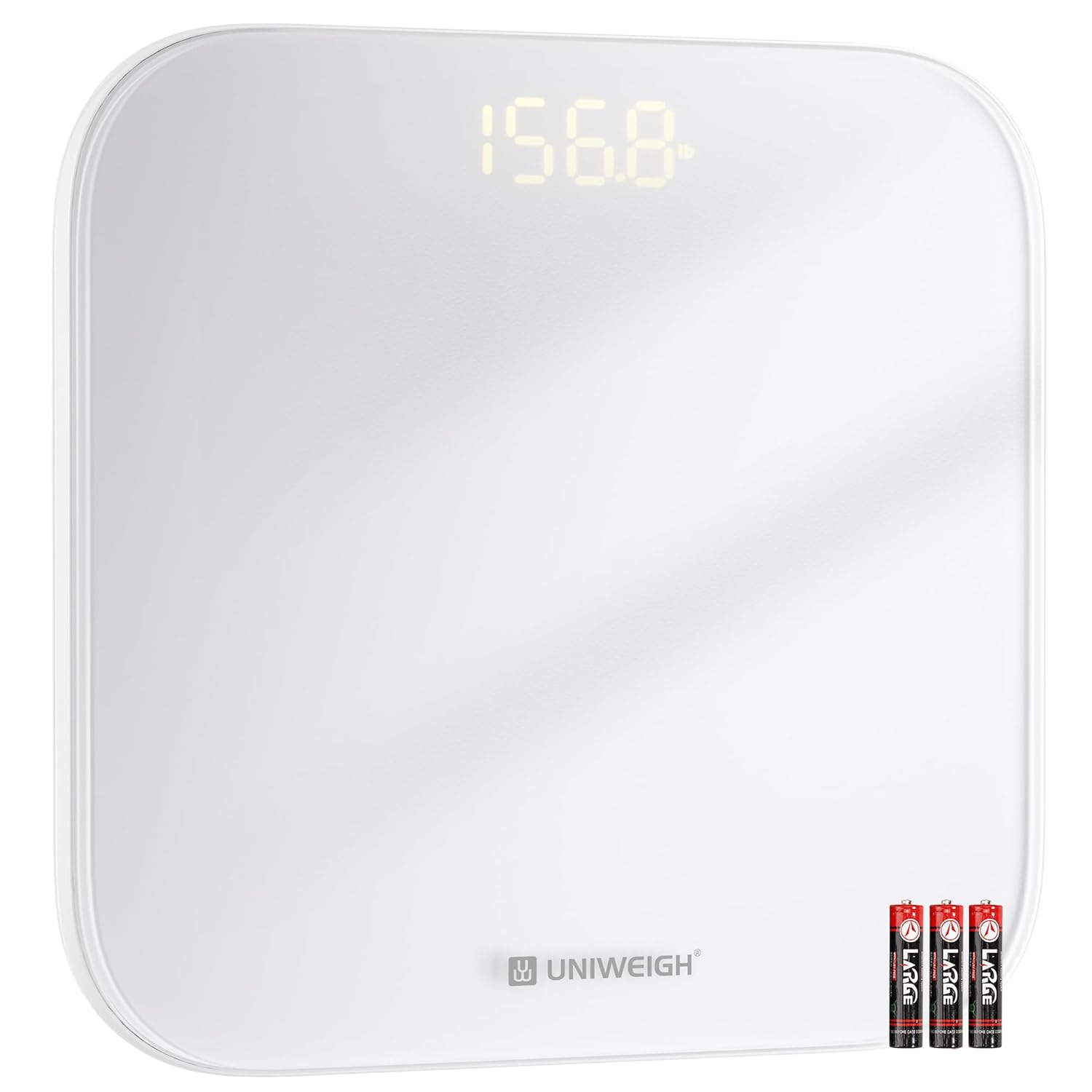 UNIWEIGH Digitale Personenwaage für das Körpergewicht, hochpräzise Gewichtswaage bis 400 lbs/180 kg, Körperwaage mit stabilem gehärtetem Glas, LED-Display, Step-on, 3 Einheiten und Batterien im Lieferumfang enthalten, Weiß