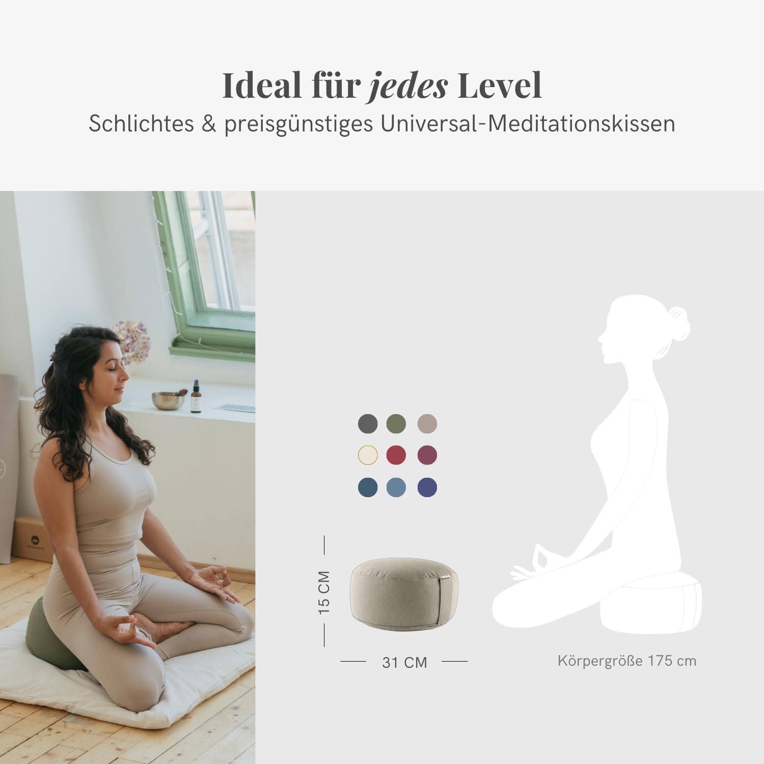 Lotuscrafts Meditationskissen mit 15 cm Sitzhöhe, Yogakissen mit Dinkelfüllung, rundes Yogakissen, rundes Bodenkissen, Yogakissen Meditationskissen, Yogakissenbezug waschbar, GOTS zertifiziert – Bild 4