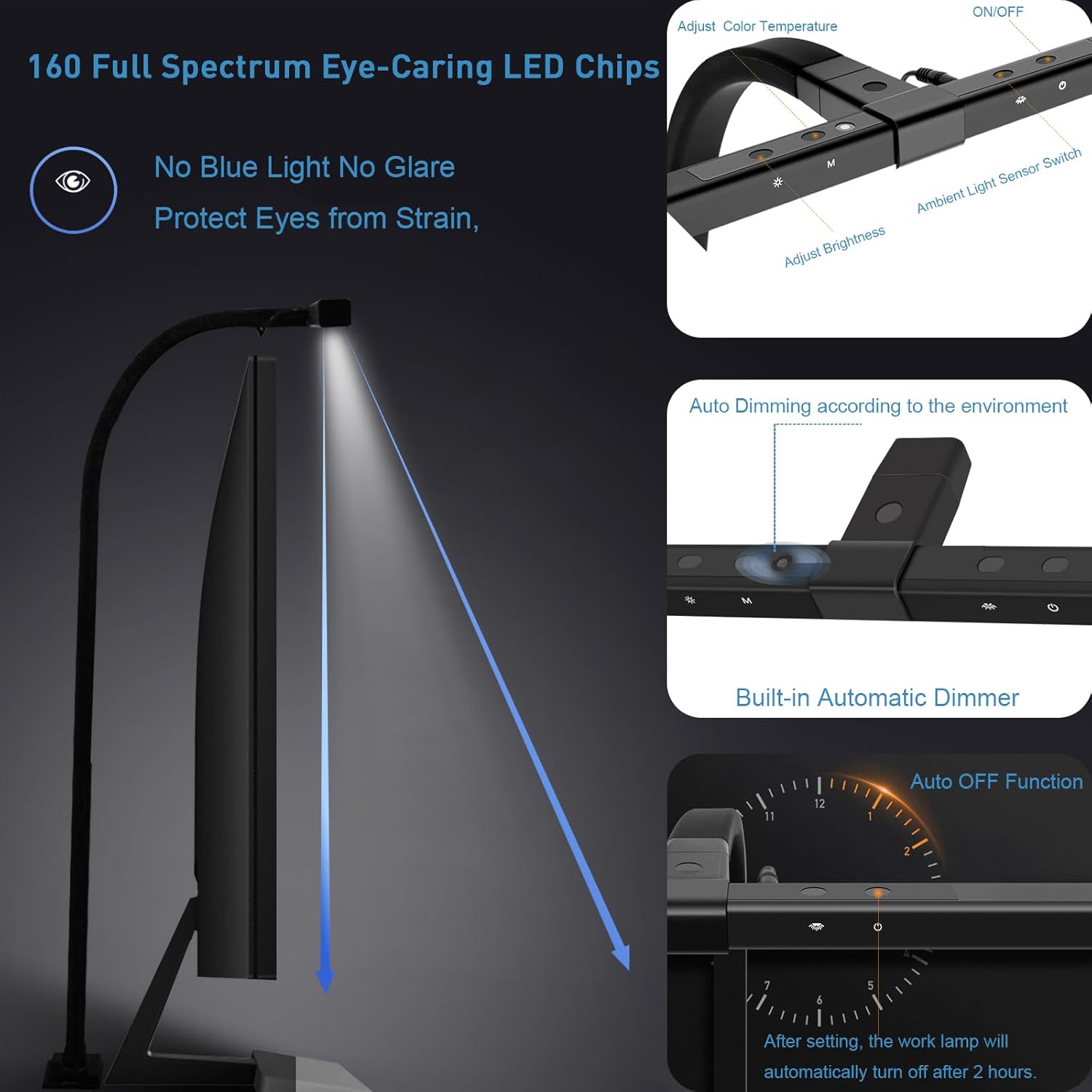 EYOCEAN LED-Schreibtischlampe mit automatischer Dimmung, 80 cm Tischlampe klemmbar mit einstellbaren Farbtemperaturen, Augenschutz, Vollspektrum-Tageslichtlampe, Klemmleuchte mit Timer-Funktion – Bild 4
