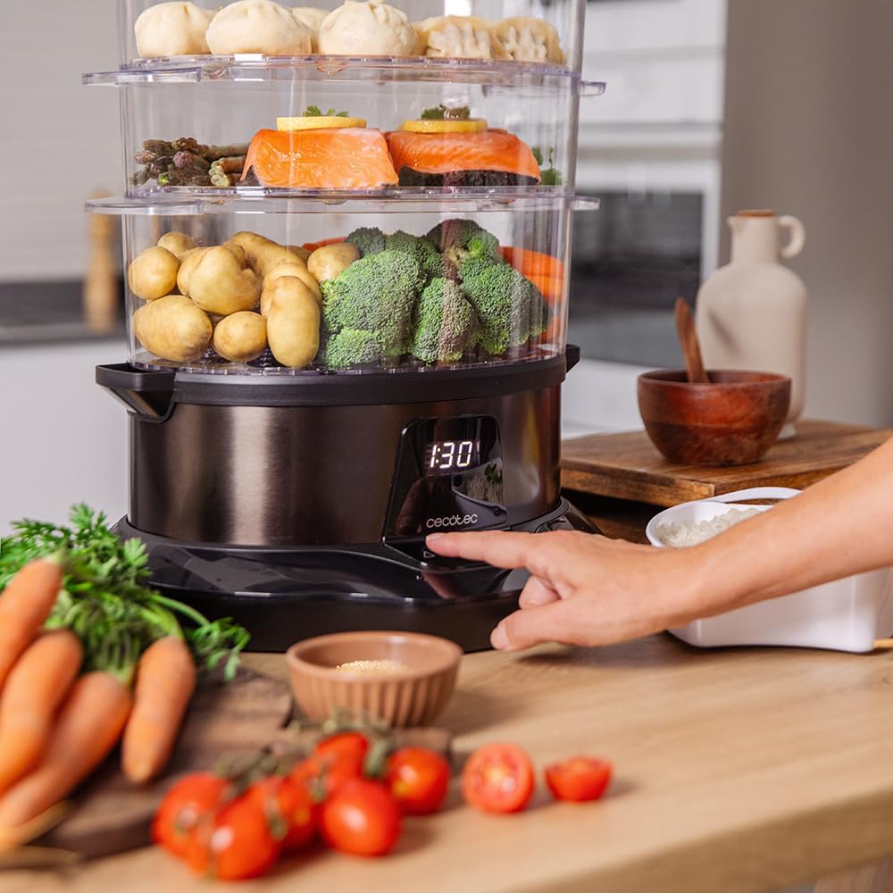 Cecotec Dampfgarer VapoVita 3000 Pro. Dampfgaren und Erhaltung von Nährstoffen und Vitaminen. 1000 W, Digital, 1 Liter Kapazität, inklusive 3 Behälter, nicht elektrische Teile spülmaschinengeeignet. – Bild 3