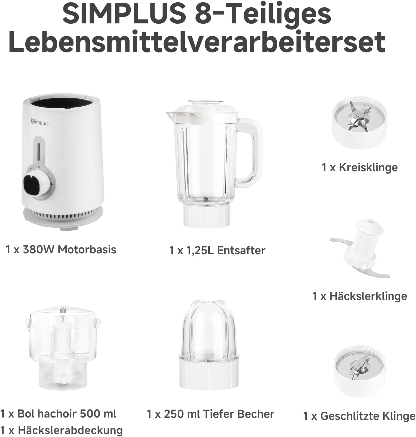 SIMPLUS 3-in-1-Standmixer & Smoothie-Maker mit 1,25-l-Rührbecher, 500-ml-Fleischwolf und 300-ml-Mahlbecher, 3 Geschwindigkeitsstufen mit Pulse-Funktion, Edelstahlmesser – Bild 8