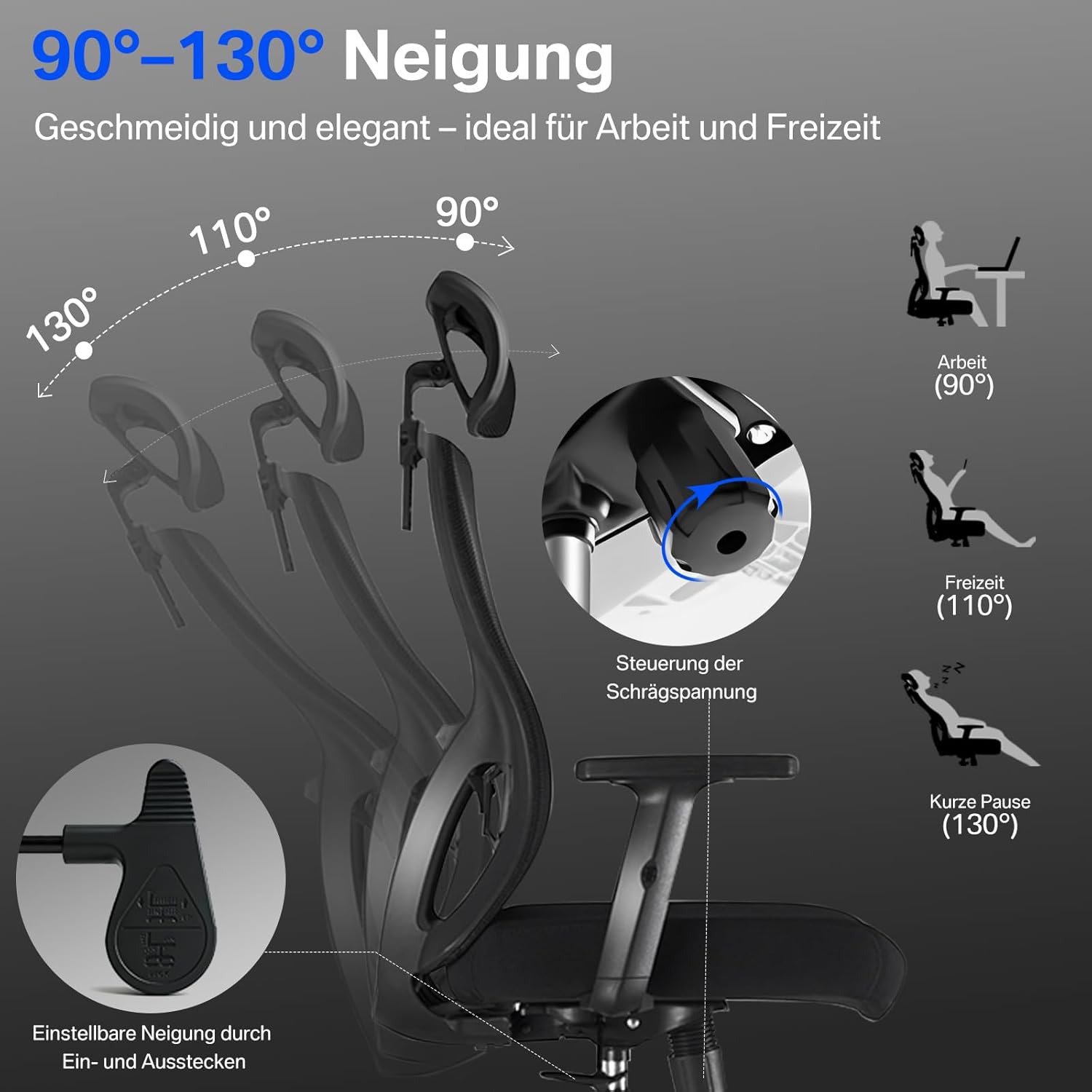 Durrafy Ergonomischer Bürostuhl, Schreibtischstuhl mit hoher Rückenlehne, verstellbarer Lordosenstütze, Kopfstütze & Armlehnen, Drehstuhl mit Liegefunktion, Bürostuhl bis 150 kg belastbar, Schwarz – Bild 7