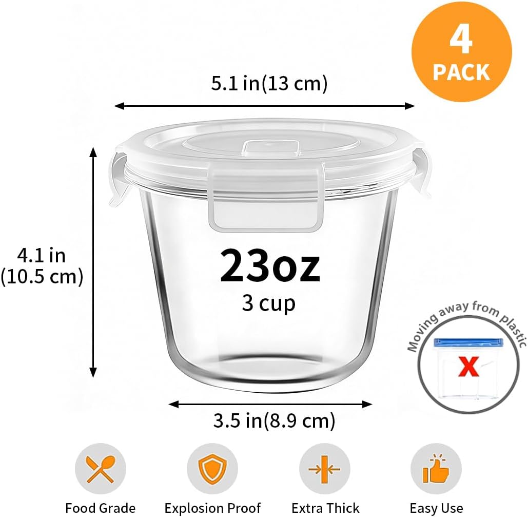 H.JSS WDJS Glasbehälter mit Deckel, runder Glasbehälter mit Deckel, stapelbar, Lebensmittelaufbewahrungsbehälter aus Glas, Meal-Prep-Gläser, Suppenbehälter mit luftdichten Deckeln, mikrowellen-, spülmaschinenfest (weiß, 710 ml) – Bild 2