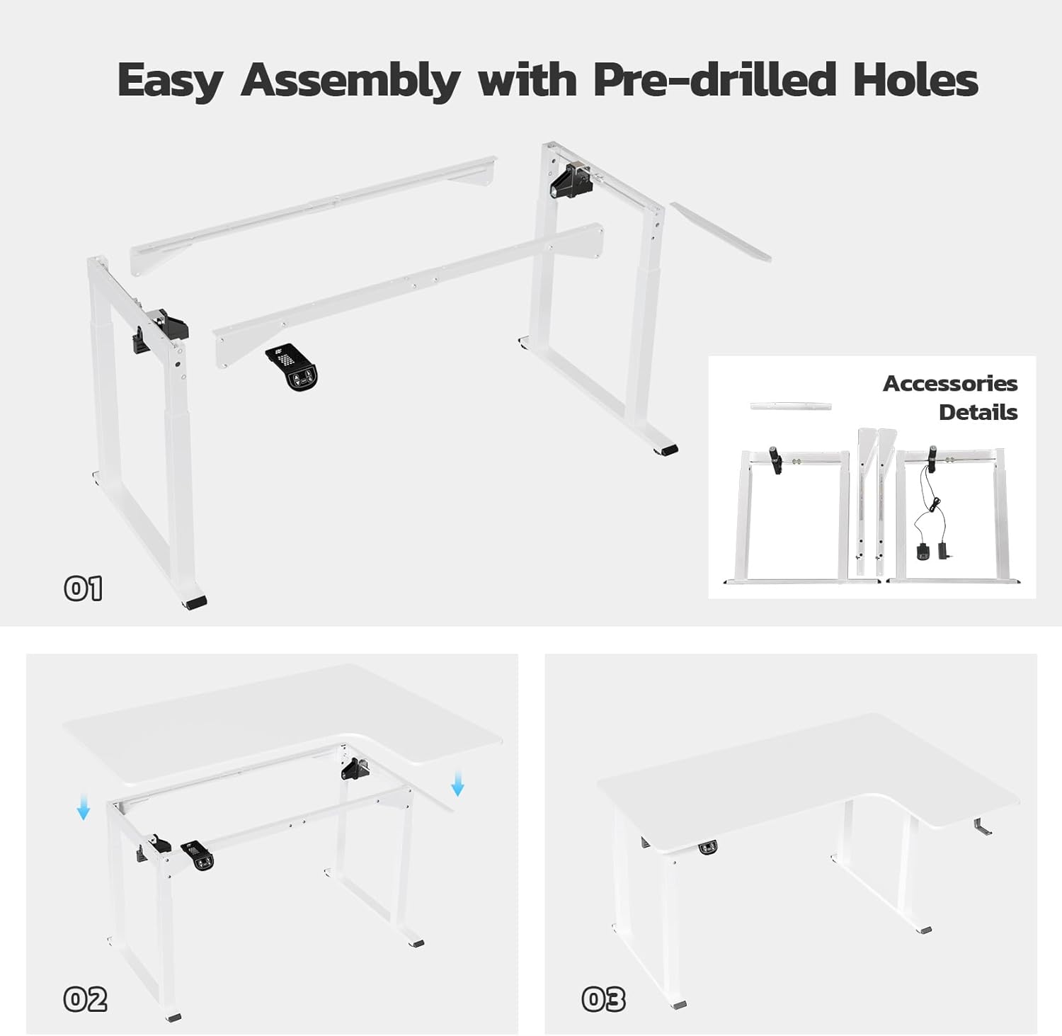 Dripex Höhenverstellbarer elektrischer Schreibtisch, 180 x 110 cm, L-förmig, höhenverstellbar mit Dual-Motor, Eckschreibtisch, Stehpult mit 4 Beinen für super Stabilität, Spleißbrett, Weiß – Bild 7