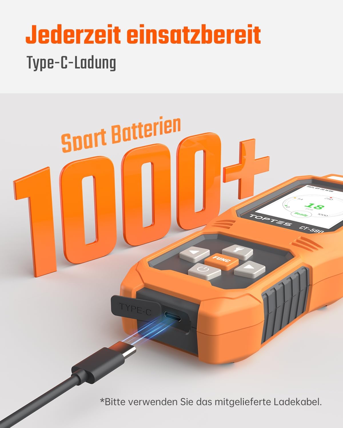 TOPTES CT-580 Kohlenmonoxidmelder, wiederaufladbarer CO-Melder mit Vibration, visuellen und akustischen Alarmen, tragbarer CO-Alarm, 0–1000 ppm, TFT-Farbdisplay für Zuhause, Auto, Camping und Reisen – Bild 4