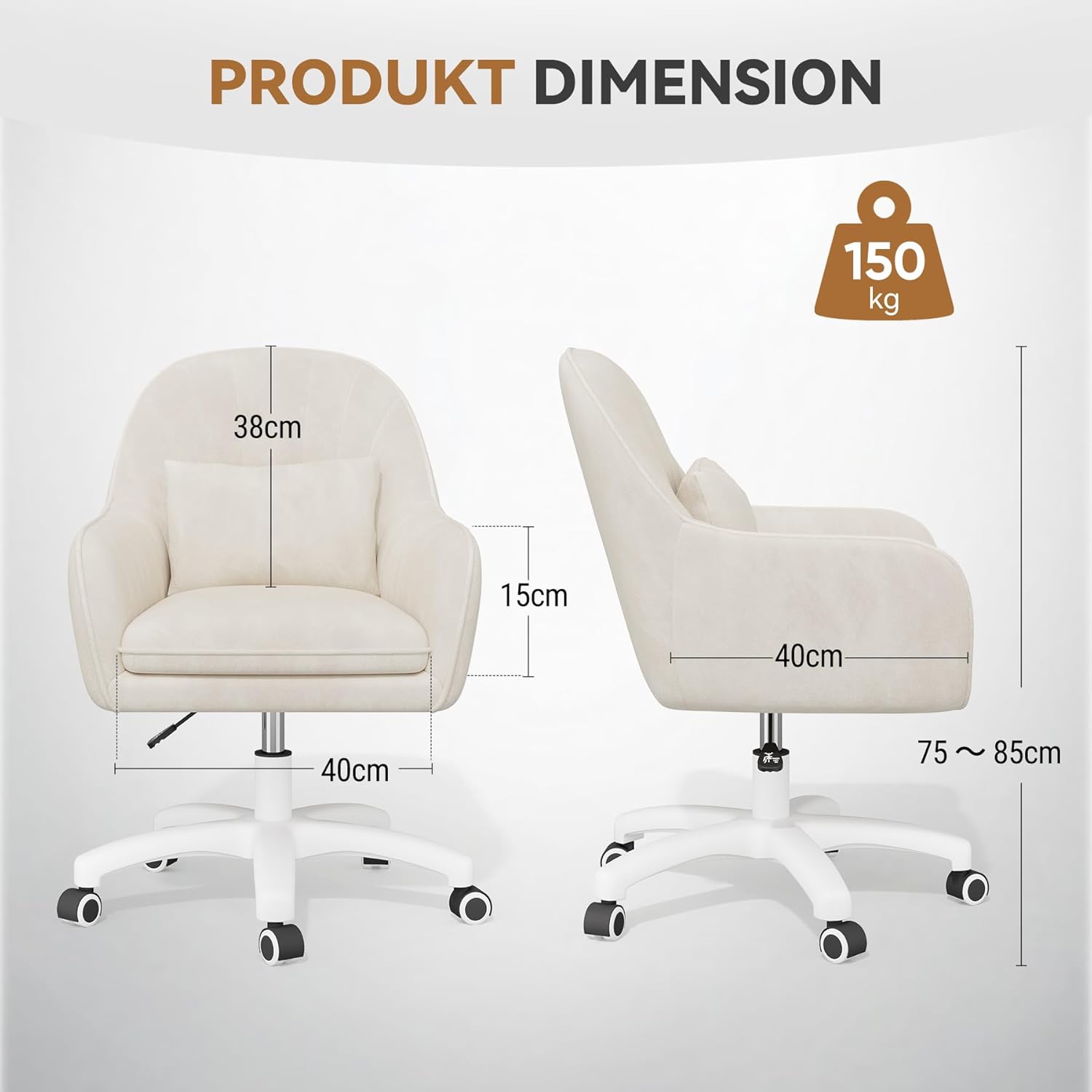 Home-Office-Stuhl, Samtstuhl mit Kissen, 360° drehbar, höhenverstellbarer Bürostuhl, ergonomisch, Schminkstuhl, Drehstuhl, für Arbeitszimmer, Schlafzimmer, maximale Belastung 120 kg, Beige – Bild 3