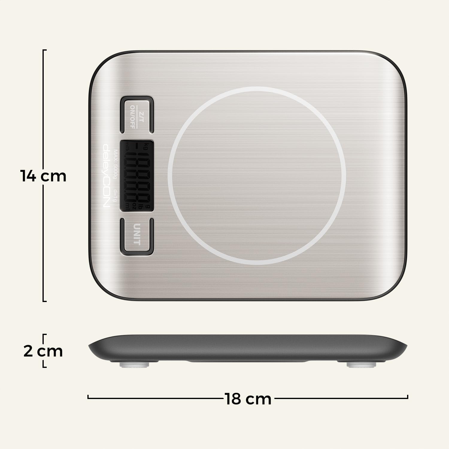 deleyCON Digitale Küchenwaage, LCD-Display, Tarafunktion (mit Batterien) bis 5 kg, Digitalwaage, Buchstabenwaage, genau auf 1 g, Backen, Kochen, Messen von Zutaten, Diät, Fitness, Schmuck, klein und flach, Silber – Bild 7