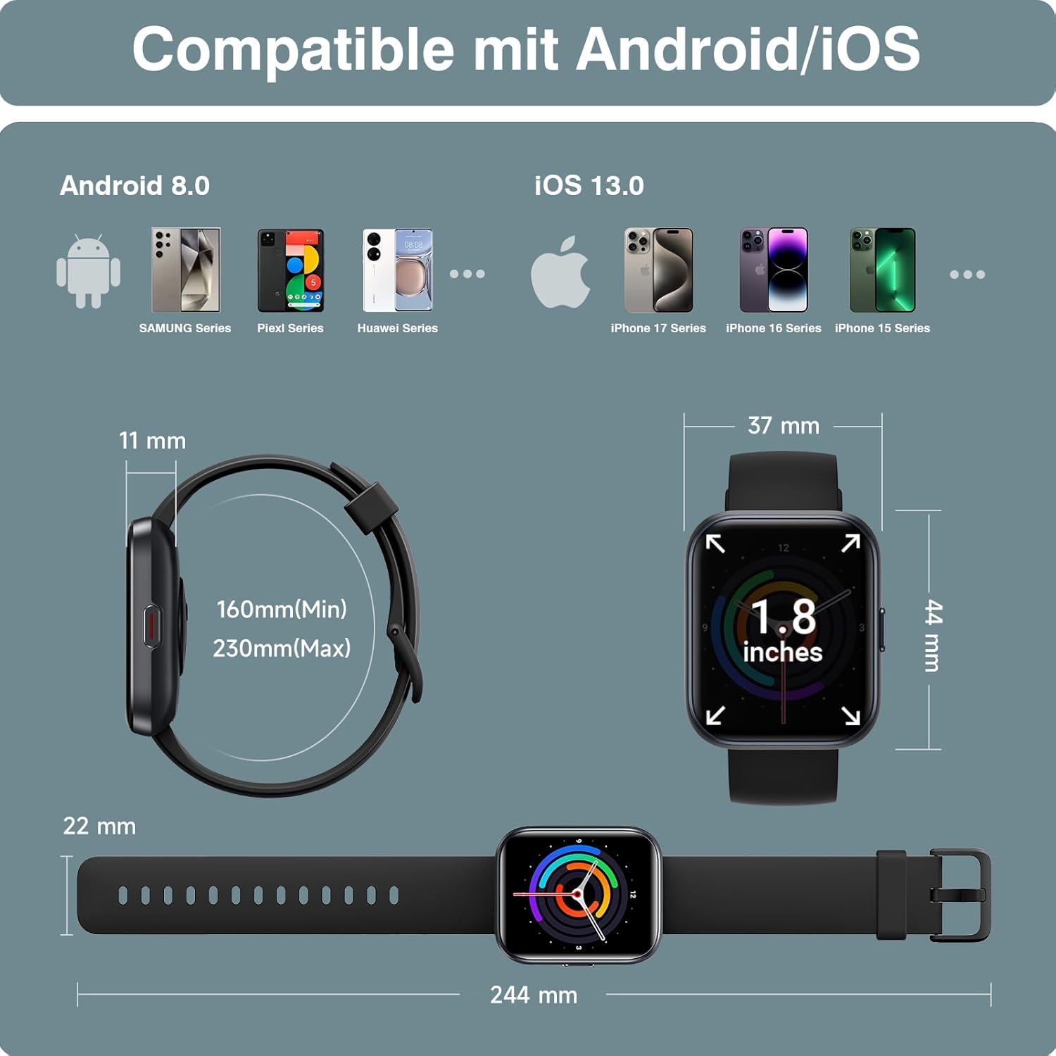 Smartwatch Herren Damen 1,85 Zoll Smartwatch mit Telefonfunktion/WhatsApp, Fitnessuhr Herren mit Herzfrequenz-/Schlafmonitor, 10-Tage-Akku, 3ATM wasserdichter Herzfrequenzmesser für Samsung/iOS/Android/Alexa – Bild 9