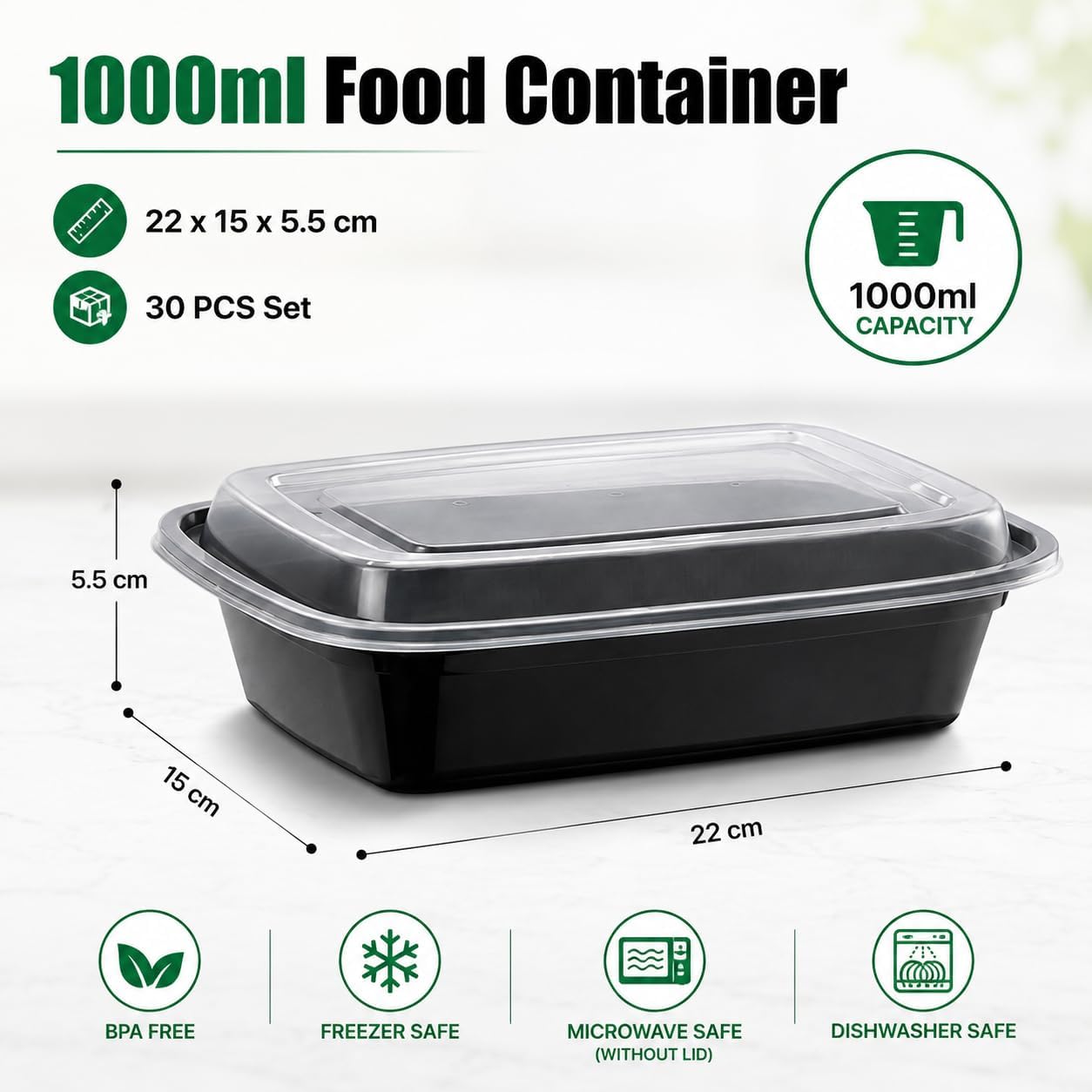 AKOLAFE 30 Stück Meal Prep Boxen, 1000 ml/35 oz Meal Prep Boxen, 1 Fach, wiederverwendbarer Meal Prep Behälter mit Deckel, luftdichte Lebensmittelbox, Kunststoff, BPA-freie Lunchbox, rechteckiger Behälter für Lebensmittel, Obst – Bild 2