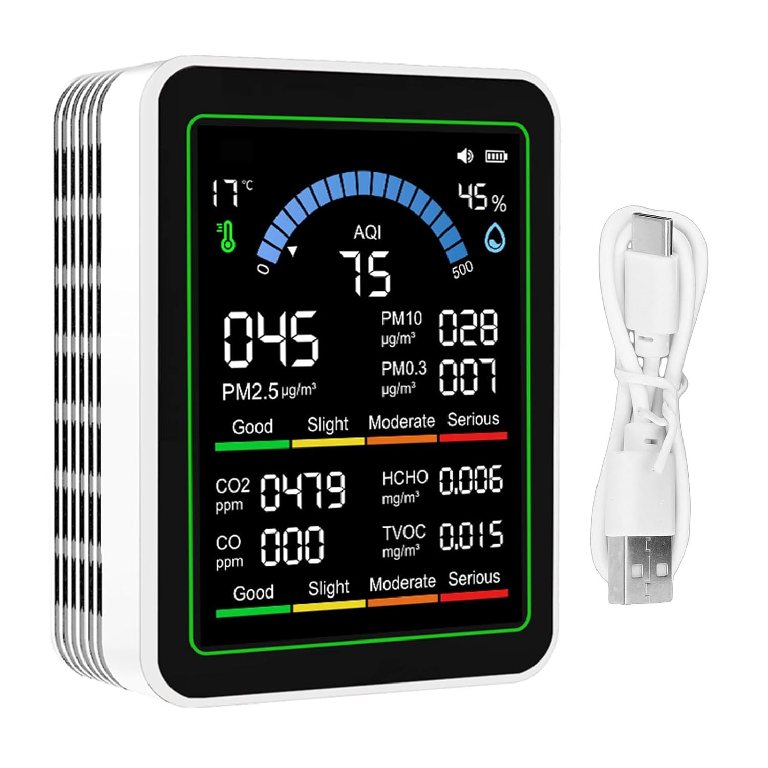 Topiky 10-in-1-Luftqualitätsdetektor, Luftqualitätsmonitor für Innenräume, CO2-TVOC-HCHO-PM2,5-PM10-PM0,3-Erkennung, Tragbares Luftqualitätsmessgerät, Luftverschmutzungsmessgerät für Zuhause, Räume, – Bild 6