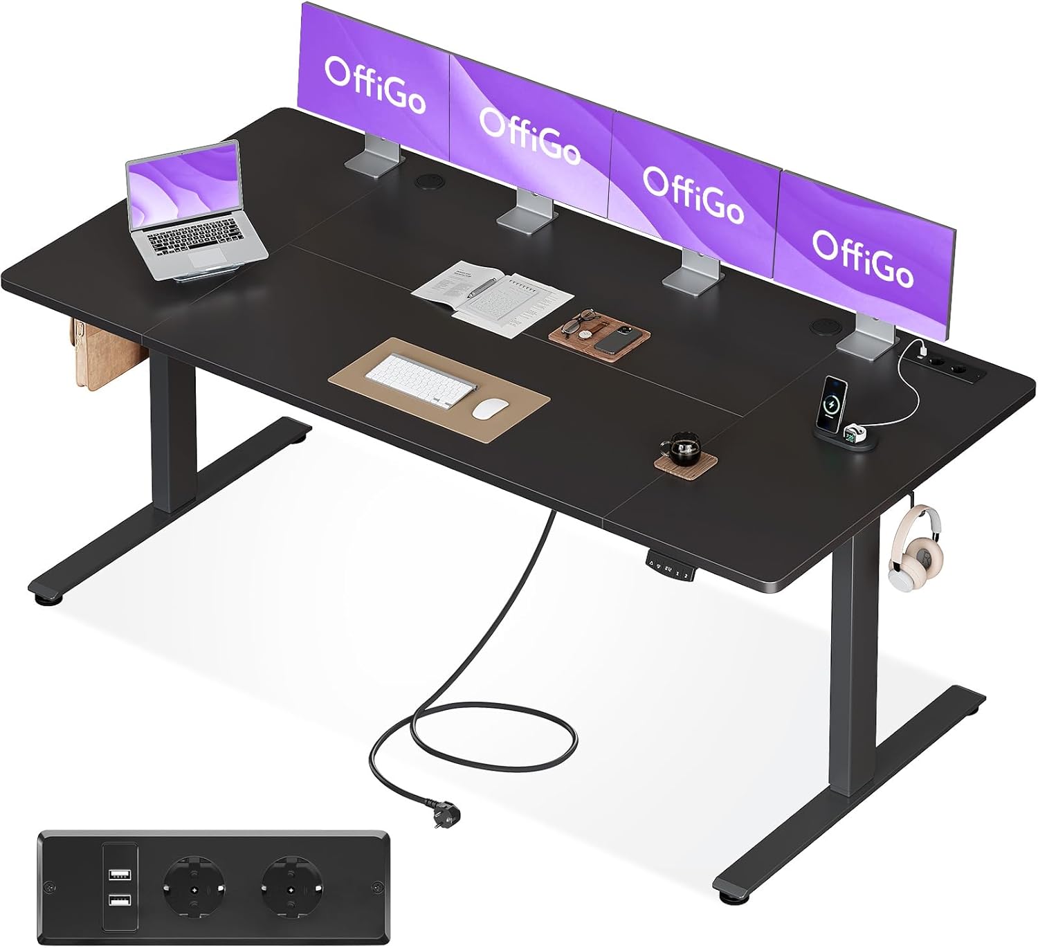 OffiGo höhenverstellbarer Schreibtisch, 200 x 80 cm, elektrischer Schreibtisch mit Steckdosen und USB-Ladeanschluss, Tisch höhenverstellbar mit 2 Memory-Funktionen, Computertisch für Büro, Zuhause, schwarz