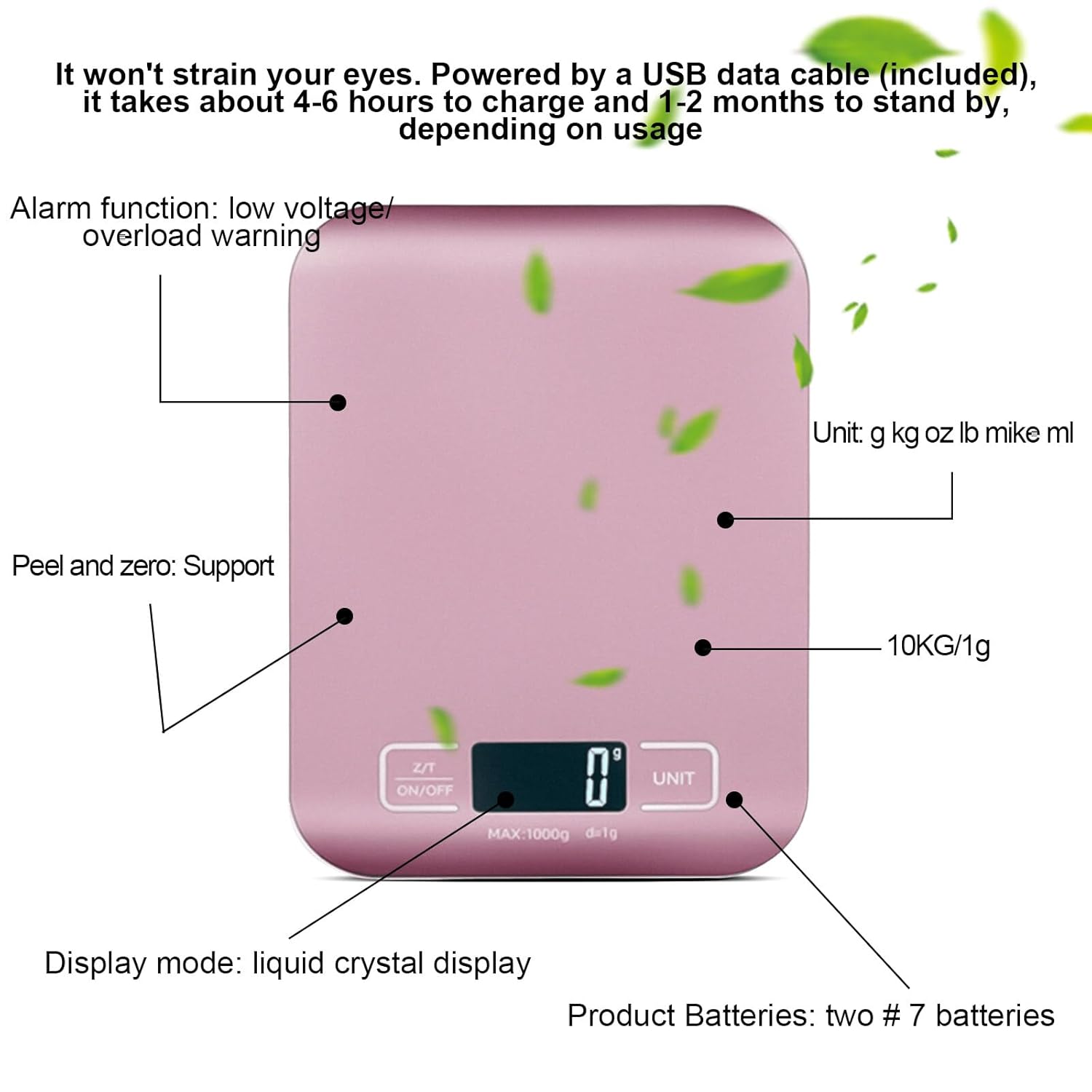 Digitale Küchenwaage, 10 kg/1 g, USB wiederaufladbare digitale Küchenwaage mit LCD-Display & Tara-Funktion, professionelle Küchenwaage mit Akku-Ladekabel, Roségold – Bild 4