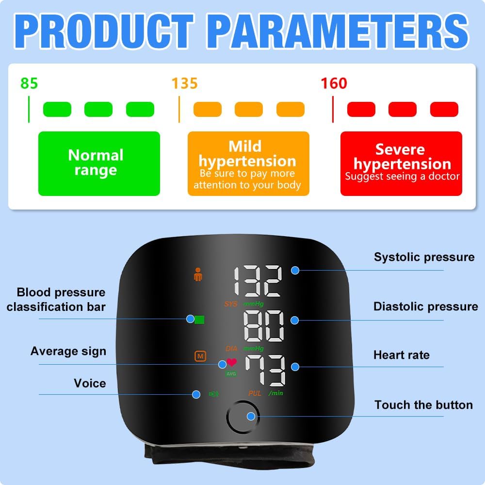 Blutdruckmessgerät, digitales Handgelenk-Blutdruckmessgerät mit LCD-Bildschirm, 99 x 2 Lesespeicher, automatische Sprachausgabe, automatisches Blutdruckmessgerät, verstellbare Handgelenkmanschette – Bild 2