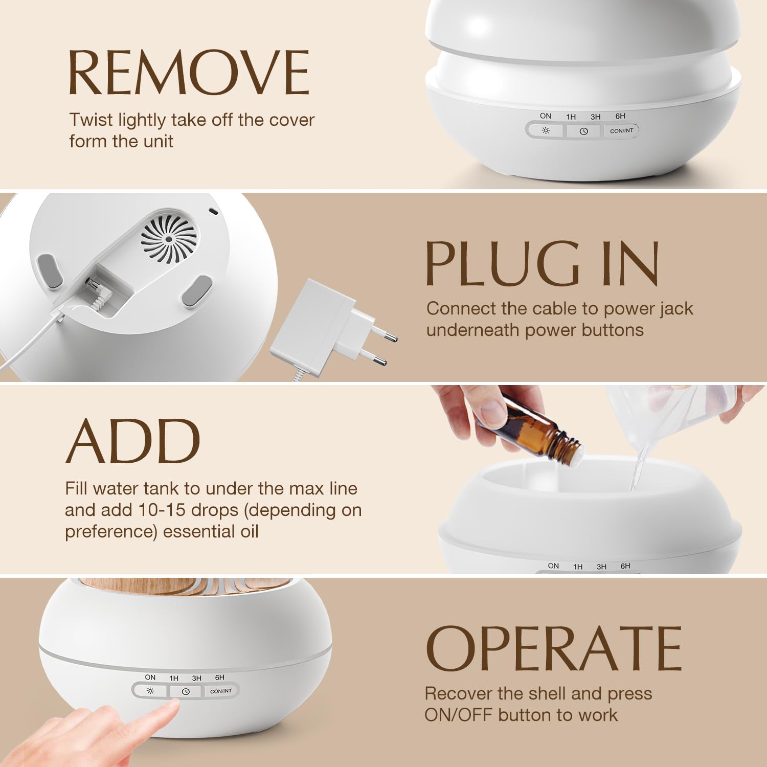 SALKING Aroma-Diffusor für ätherische Öle – 400 ml, Aromatherapie-Raumduft, Ultraschall-Diffusor, weiße Holzmaserung, Duftöl-Diffusoren, Öllampe, elektrischer Duftdiffusor RGB für Zuhause, Büro, Yoga, Schlafen – Bild 7
