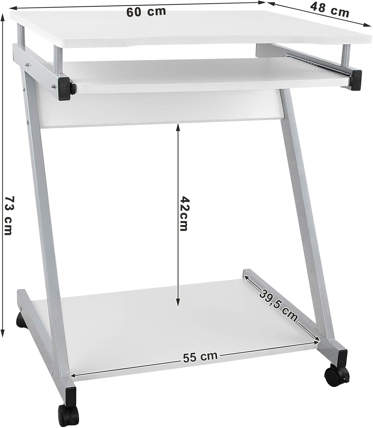 VASAGLE Schreibtisch, Computertisch mit 4 Rollen, 2 davon mit Bremsen, PC-Tisch sanfte Tastaturverlängerung, einfachere Installation, platzsparender PC-Tisch in Z-Form Weiß LCD811W – Bild 3