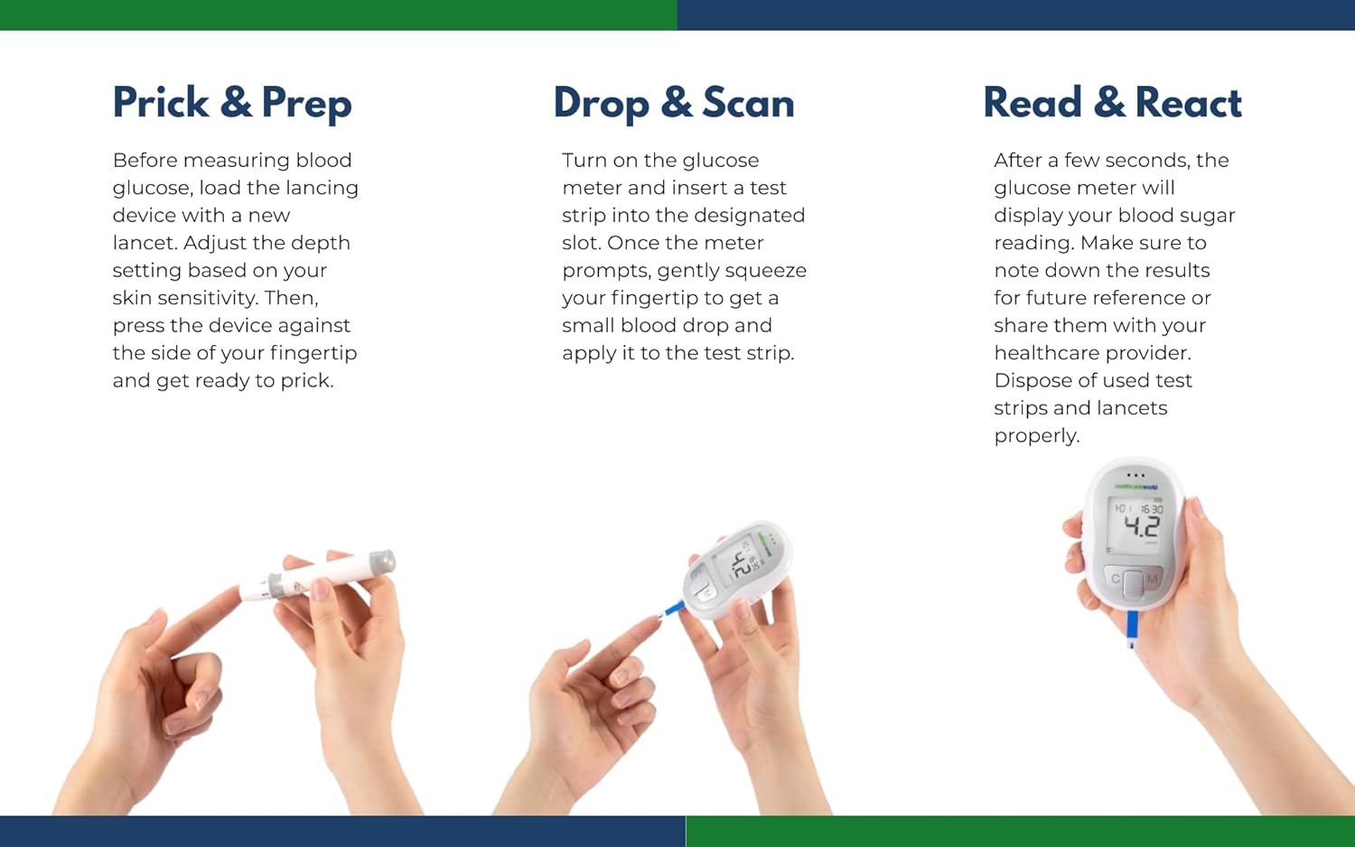 Healthcare World Blutzuckermessgerät Set mit 10 Teststreifen & 60 Lanzetten – Präziser No-Coding Glukometer für Diabetes-Tests, Blutglukose Zuhause, Schnelle Messergebnisse, Tragbares Diabetiker-Gerät – Bild 3