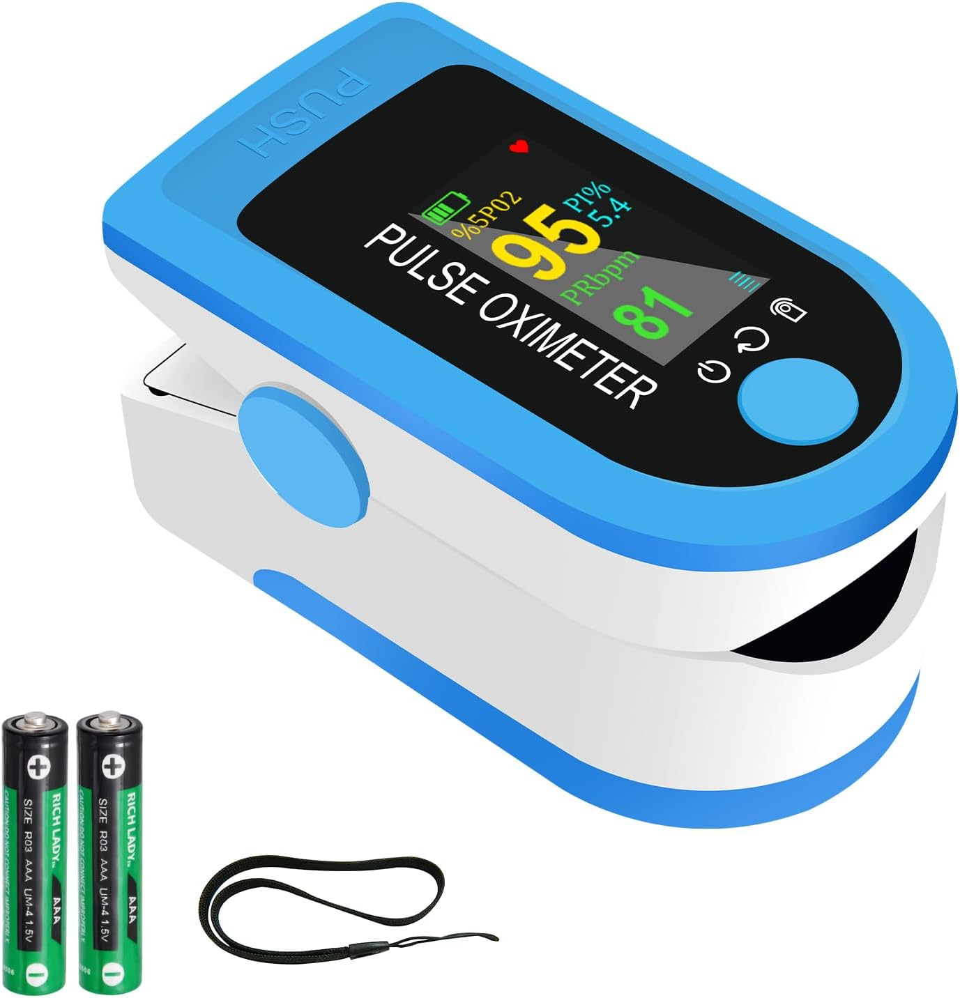 Pulsoximeter, Sauerstoffsättigungsmessgerät. Fingermessung der Sauerstoffsättigung (SpO₂), der Herzfrequenz (Puls) und des Perfusionsindex (PI). Fingeroximeter für Kinder, Erwachsene, Senioren, Familien