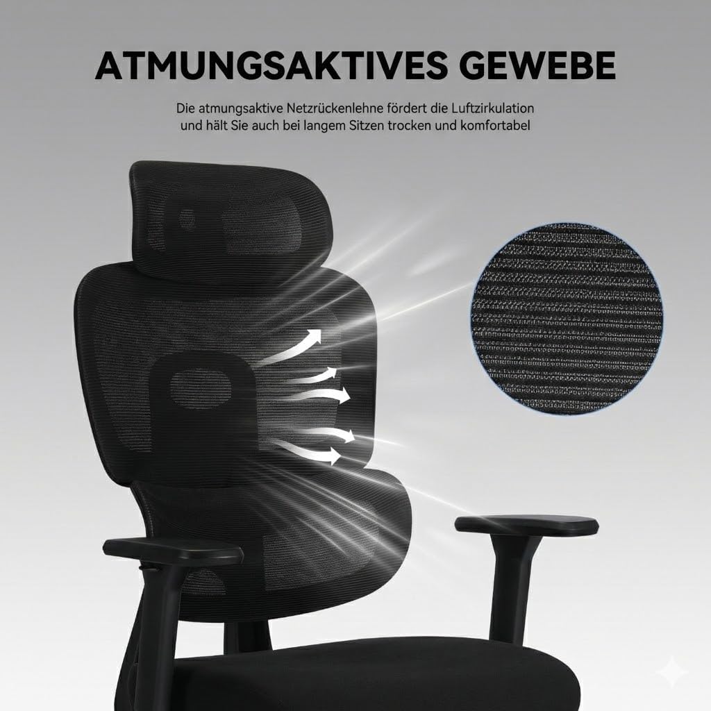 MUSSO E600AIR Ergonomischer Bürostuhl, Heimbürostuhl mit hoher Rückenlehne und adaptiver Lendenwirbelstütze, 5D-verstellbare Rückenlehne, 135°-Neigung, 3D-Kopfstütze und Armlehnen, Netz-Computerstuhl – Bild 8