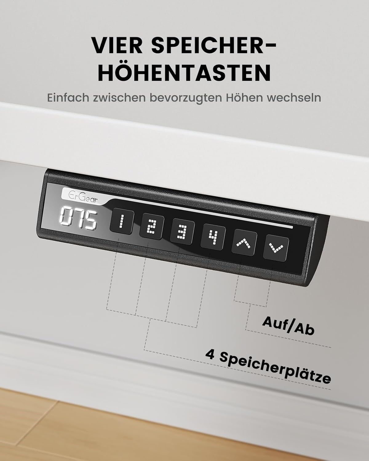 ErGear Höhenverstellbarer Schreibtisch, 140 x 80 cm, 100 kg Tragkraft, elektrischer Schreibtisch mit fortschrittlichem bürstenlosem Motor, leise Funktion, robustes Metallgestell, vierteilige Tischplatte – Bild 6