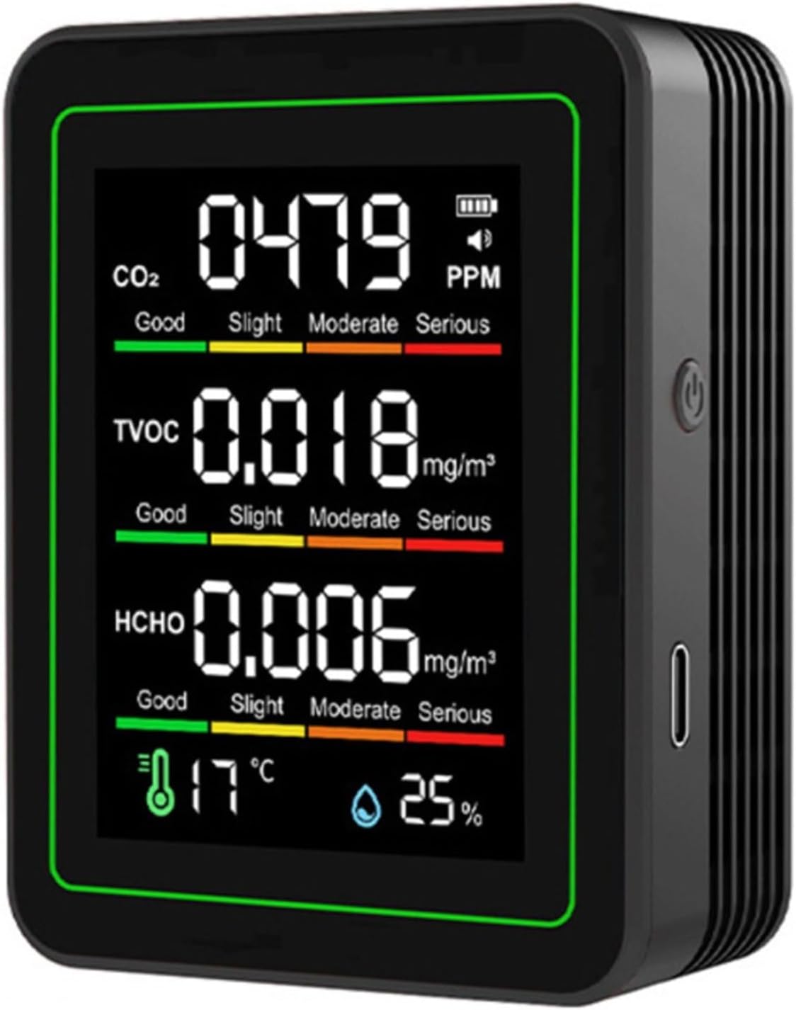 5-in-1-Luftqualitätsmonitor für HCHO, TVOC, Temperatur und Luftfeuchtigkeit; 1,8 Zoll HD-Display, 30-Stunden-Akku; Typ-C; ideal für Zuhause, Büro und Lager, Glewi, Schwarz – Bild 3