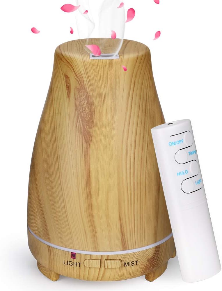 GeeRic Aromadiffusor, 200 ml, Luftbefeuchter, Ultraschallvernebler, Raumbefeuchter, Aromatherapie-Öle, Ölbrenner mit 7 Farben, LED, helles Holz