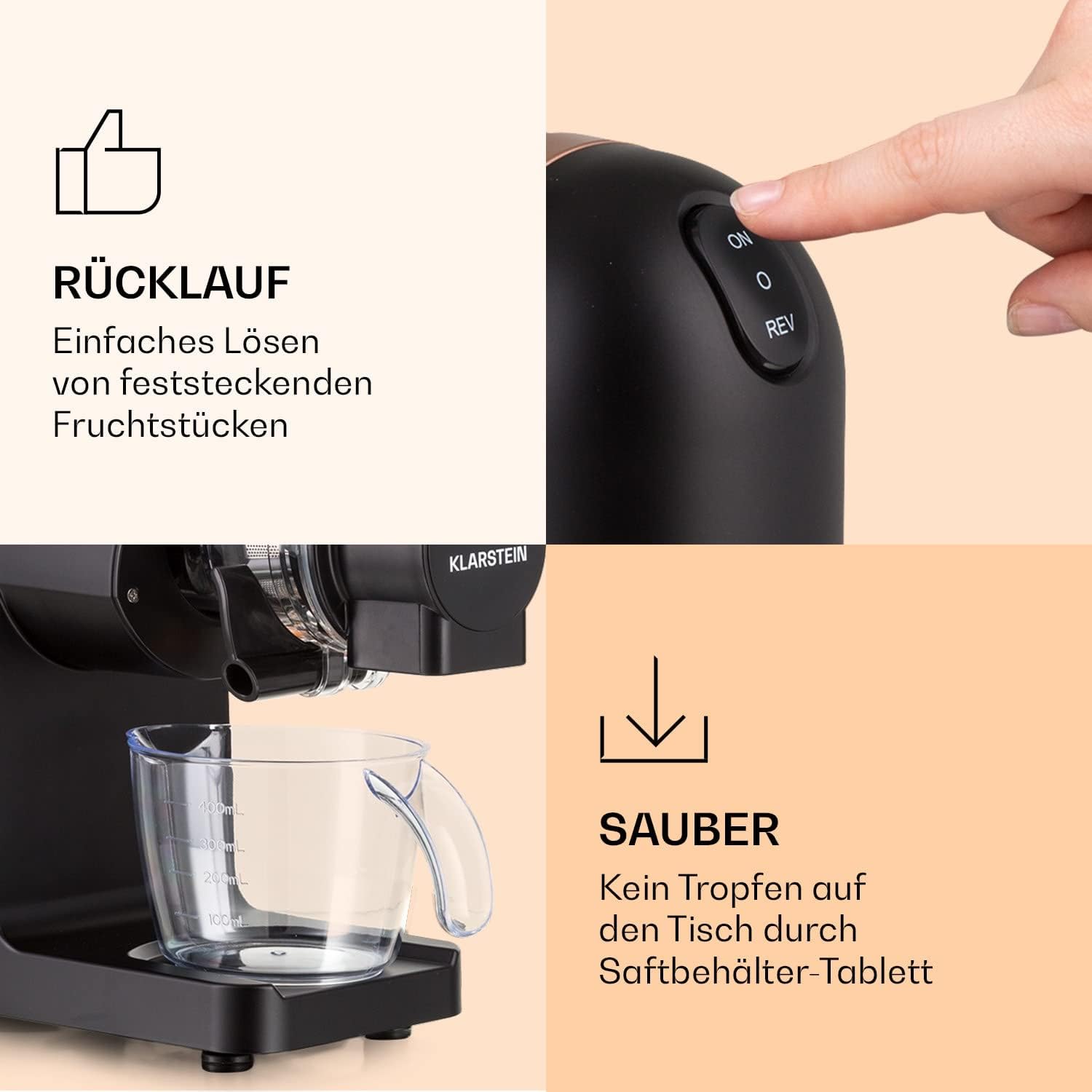 Klarstein Bella Elegance Entsafter 200 W, Entsafter mit 400 ml, BPA-frei, rutschfester Boden, max. Kontinuierliche Betriebszeit: ca. 20 Minuten, einfache Reinigung, Schwarz – Bild 6