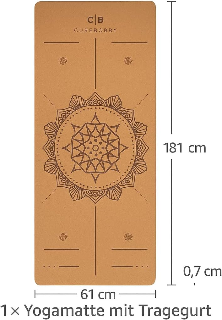 Yogamatte aus Kork & TPE – Rutschfeste Trainingsmatte mit Ausrichtungslinien – Nachhaltig, gelenkschonend & umweltfreundlich – inklusive Tragegurt – 183 × 61 × 0,7 cm – Bild 5