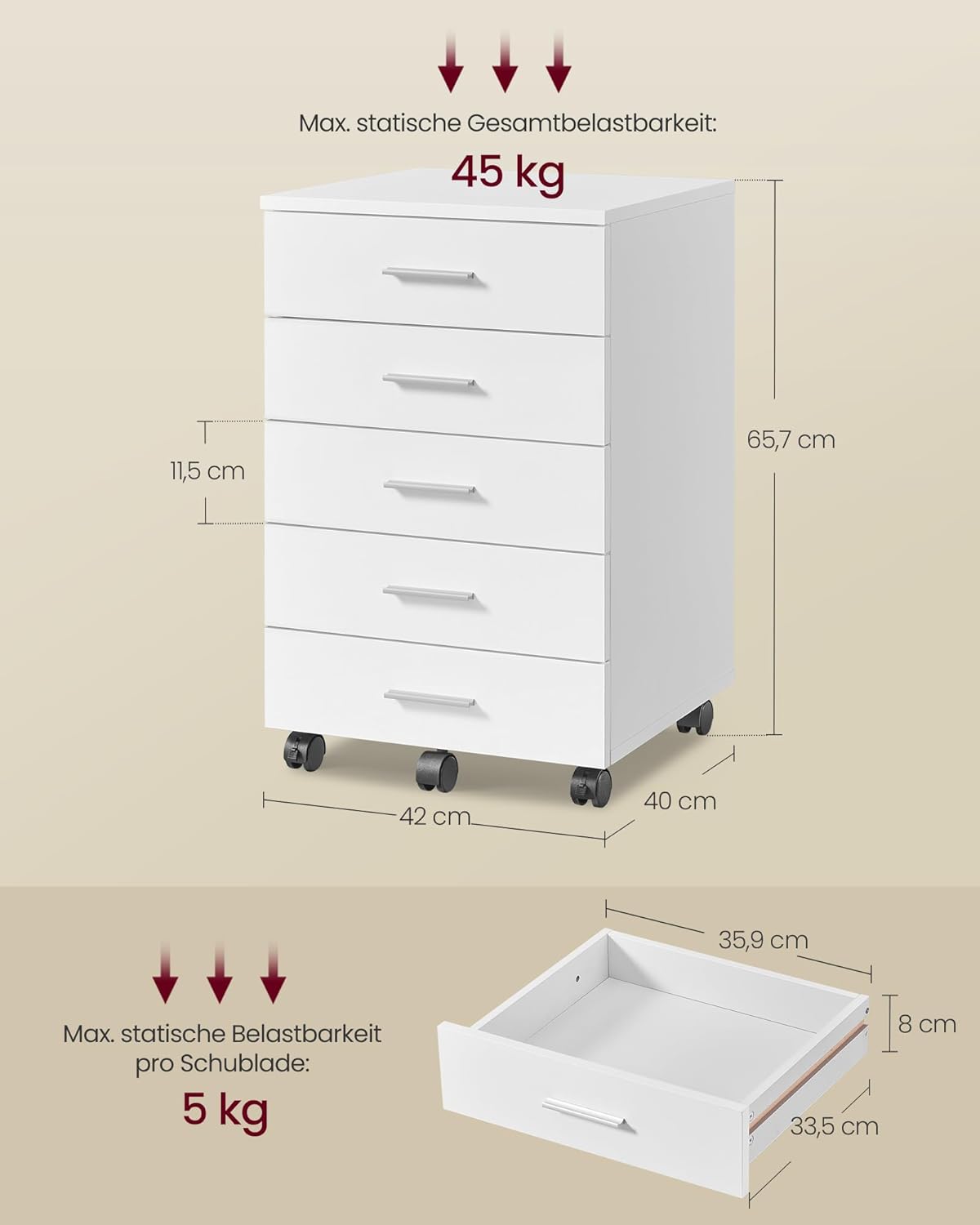 VASAGLE Rollschrank, mobiler Aktenschrank, Schubladenschrank, Druckerständer mit 5 Schubladen mit schraubenlosen Gleitschienen für Büro, Zuhause, Büro, Wolkenweiß OFC081W01 – Bild 3