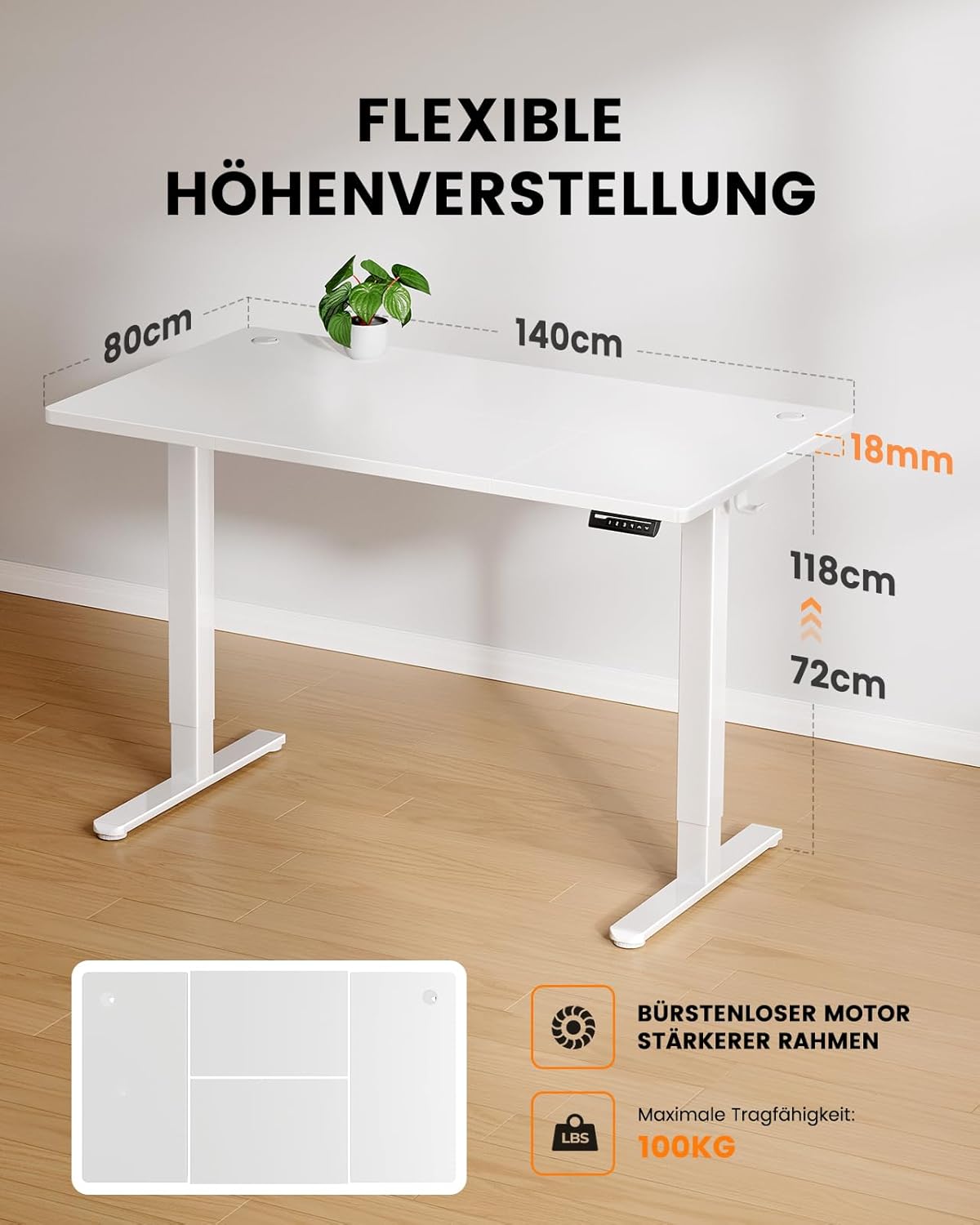 ErGear Höhenverstellbarer Schreibtisch, 140 x 80 cm, 100 kg Tragkraft, elektrischer Schreibtisch mit fortschrittlichem bürstenlosem Motor, leise Funktion, robustes Metallgestell, vierteilige Tischplatte – Bild 3