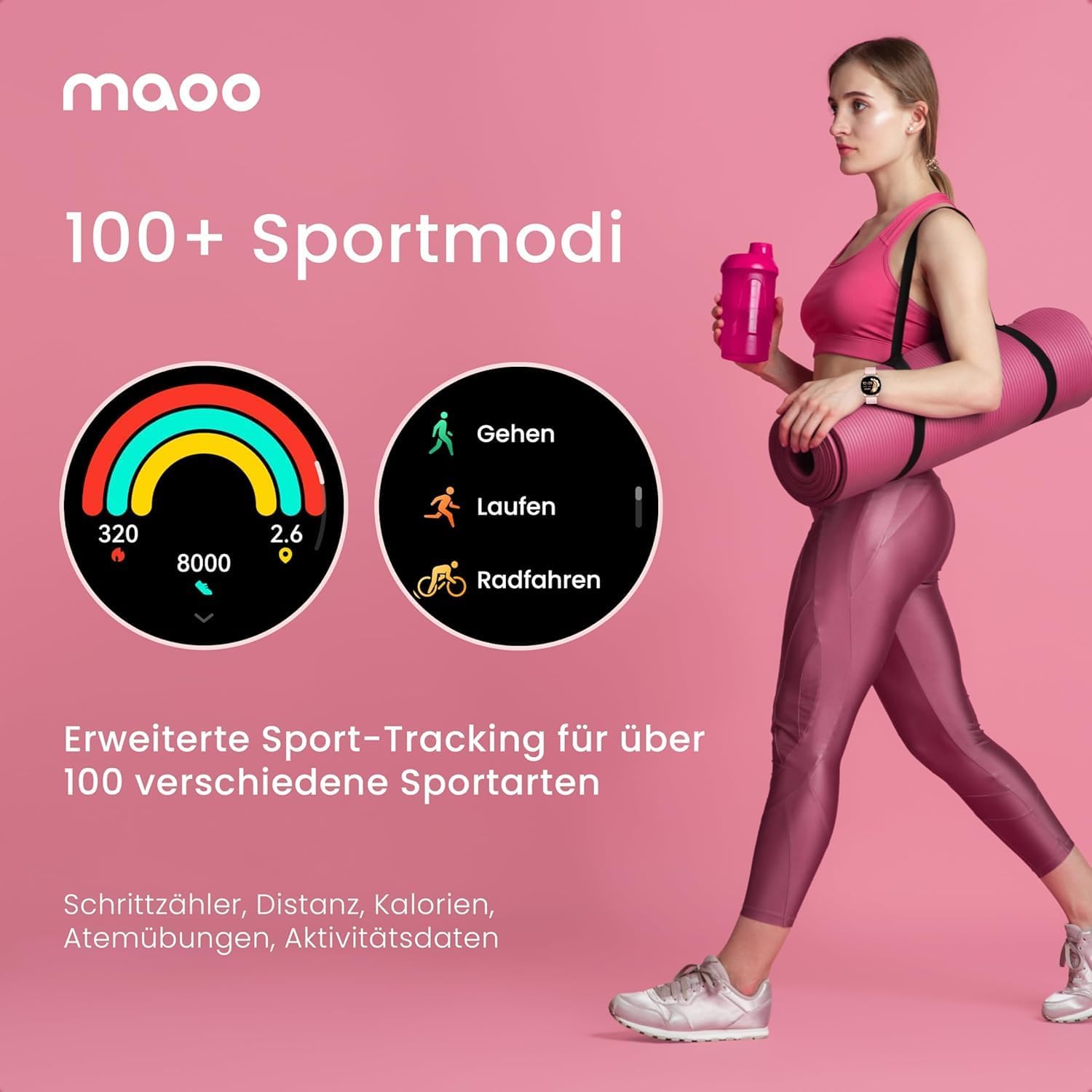 maoo Ventura Damen Smartwatch mit Anruffunktion, 1,32 Zoll AMOLED Display, Herzfrequenzmesser, SPO₂, Blutdruckmessgerät, 100+ Sportmodi, IP67 wasserdicht, inklusive 5 Armbändern (Roségold) – Bild 7