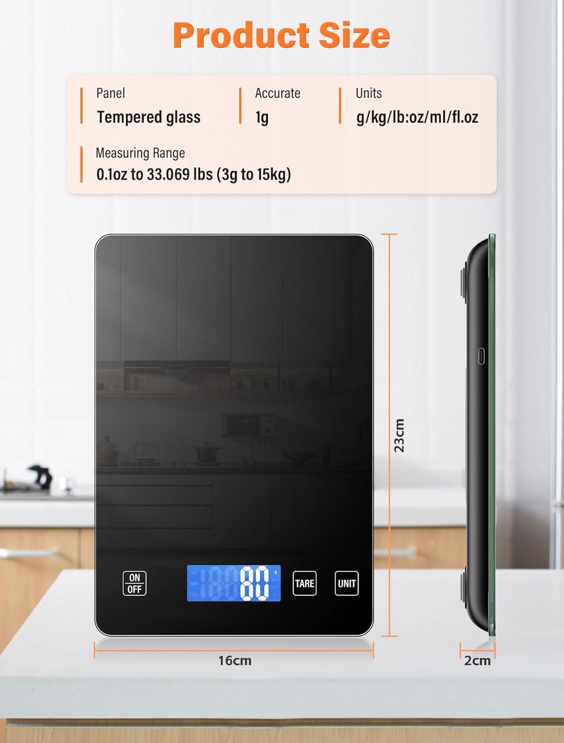15 kg Küchenwaage, wiederaufladbare digitale Küchenwaage, Lebensmittelwaage aus Glas mit LCD-Display, Tara-Funktion, 5 Einheiten, Batterien im Lieferumfang enthalten – Bild 2