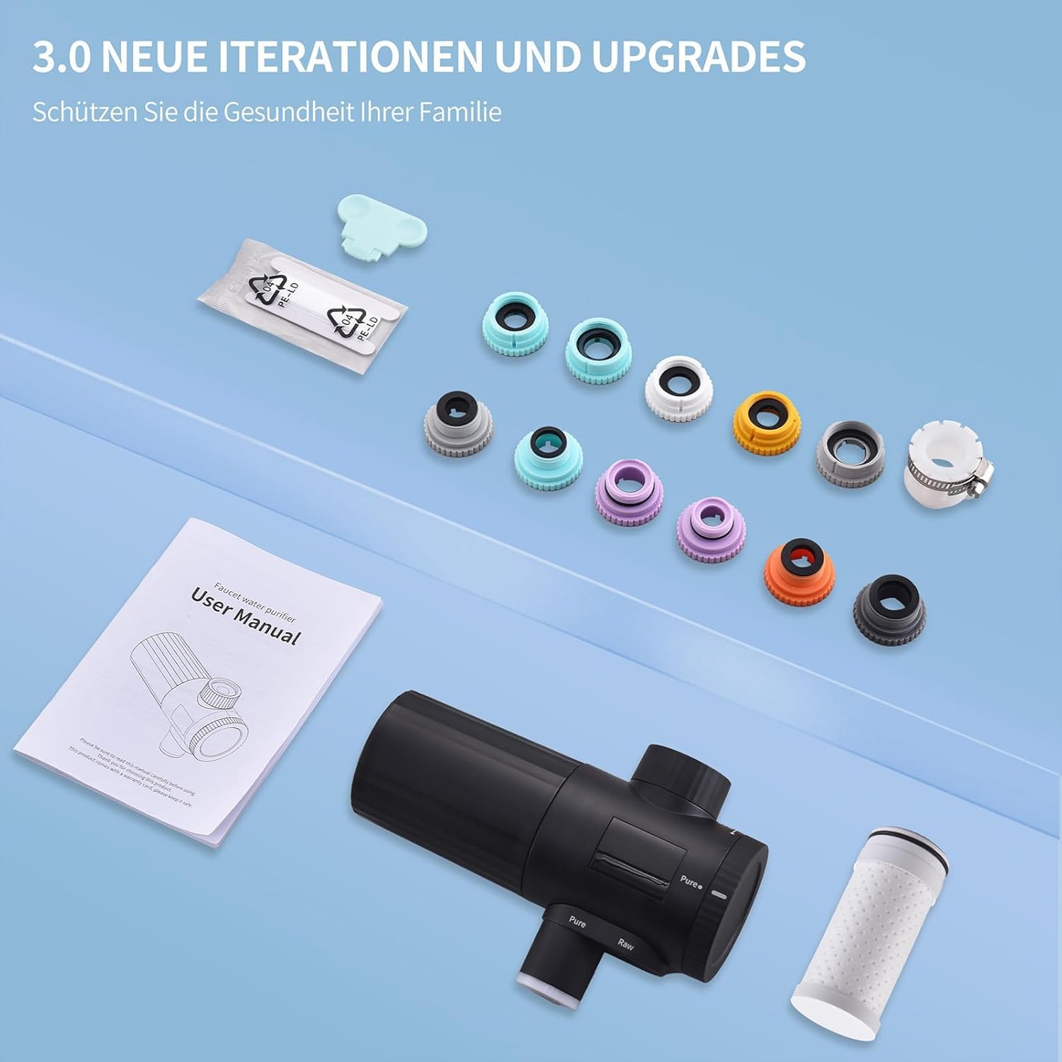 HOMELODY Wasserfilter Trinkwasser für Küche, entfernt Chlor, Schwermetalle & Kalk, verbessert den Geschmack, 12x Adapter, Blaulicht & 1 Filter enthalten, Wasserfilter Wasserhahn 3.0 mit LED-Anzeige – Bild 7