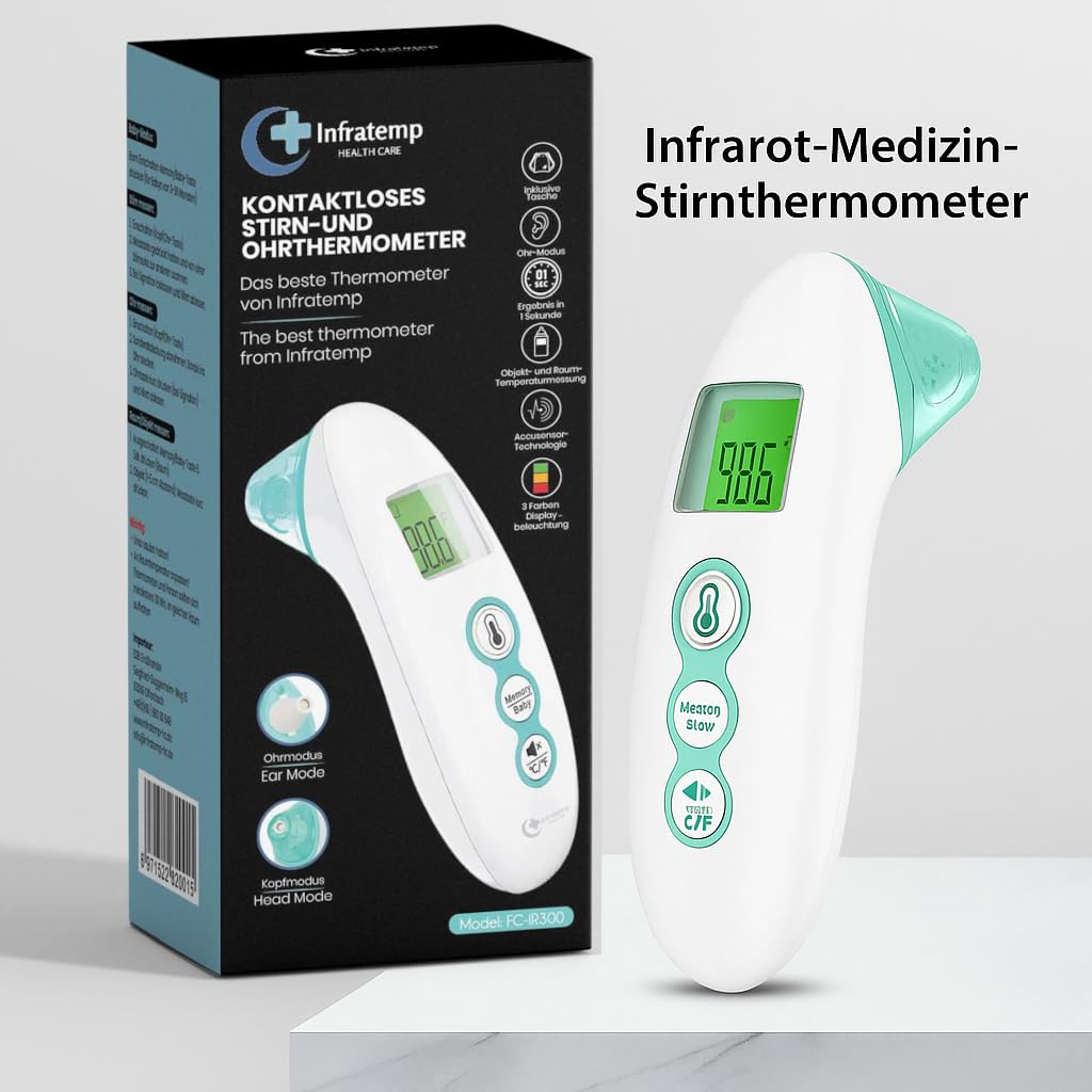 Fieberthermometer, berührungslos für Stirn und Ohr, Alterspräzision, Farbdisplay, Speicher für Babys/Kinder/Erwachsene, 3 in 1 Meter – Bild 3