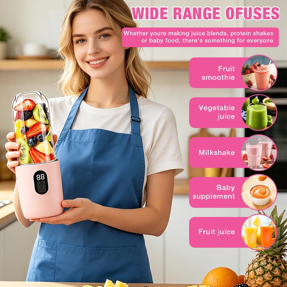 Tragbarer Mixer, 500 ml Smoothie Maker to Go, 16-Blatt Mini Standmixer, 1200 Mah, tragbarer Mixer mit Digitalanzeige Mini Smoothie Mixer für Babynahrung Saft Marmelade Shake Smoothie, Rosa – Bild 3