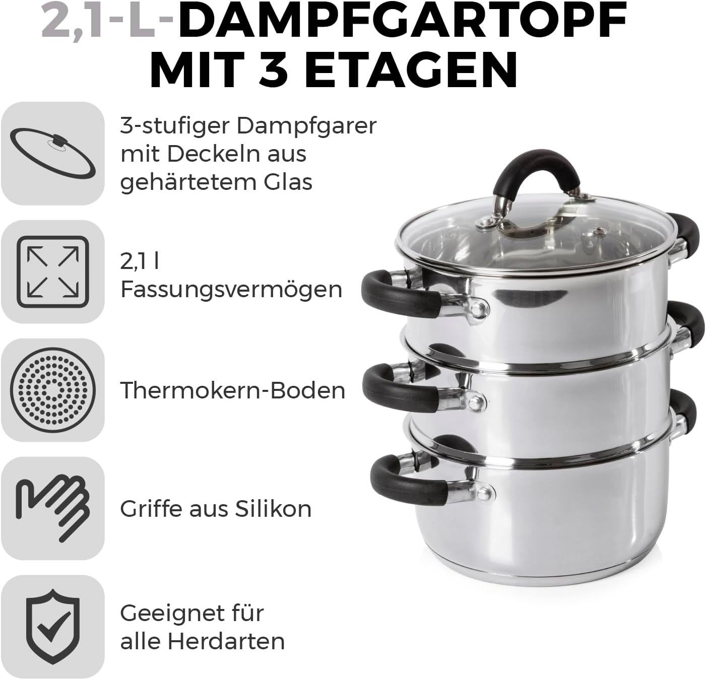 Tower T80836 Essentials Induktions-Dampfgarer, 3-lagig, mit Glasdeckel und Silikongriffen, Kartoffeldämpfer aus Edelstahl mit polierter Hochglanzoberfläche, 18 cm, Silber – Bild 2
